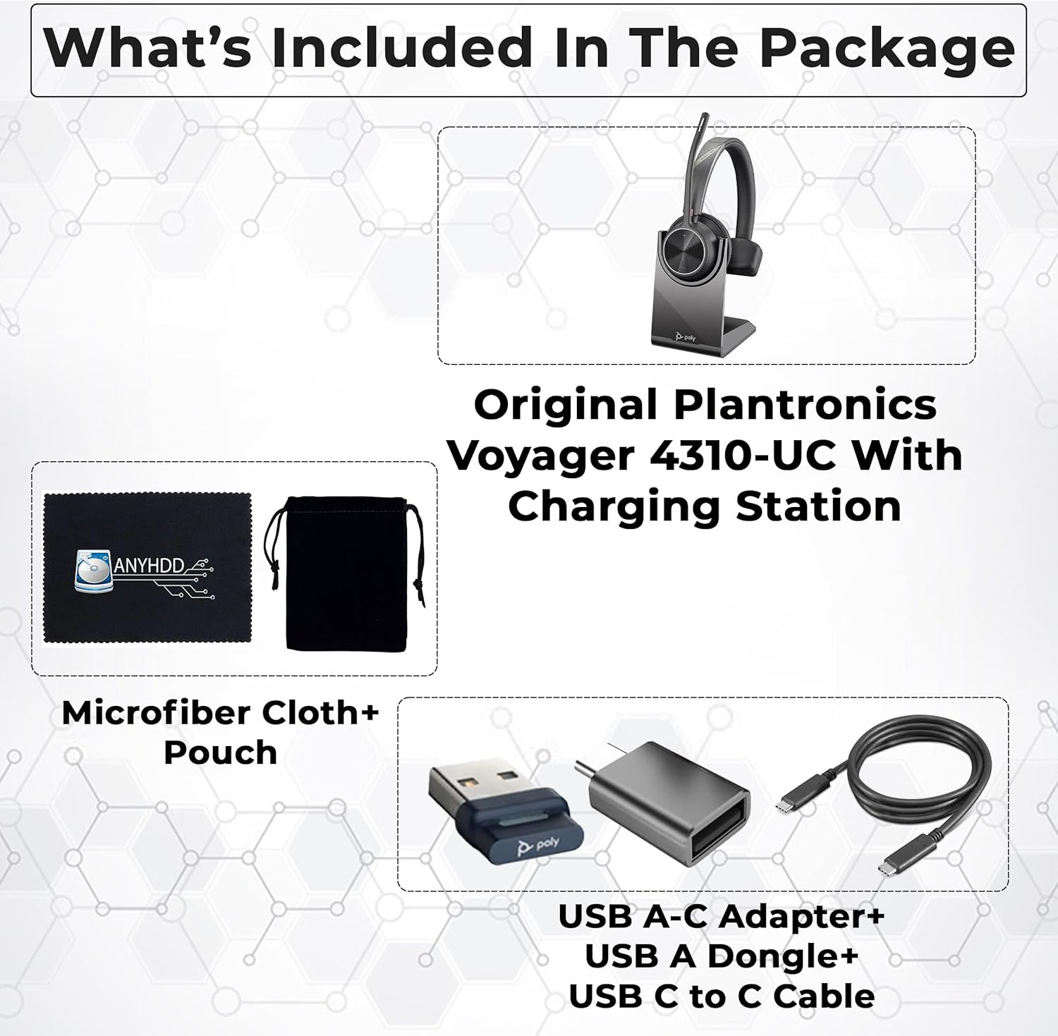 Poly Voyager 4310 UC Wireless Headset + Charge Stand - Connect to PC/Mac & Cell Phone, Single-Ear Headset with Mic + Charging Station + USB A to C Adapter + USB C-C Cable + Pouch + Microfiber Cloth