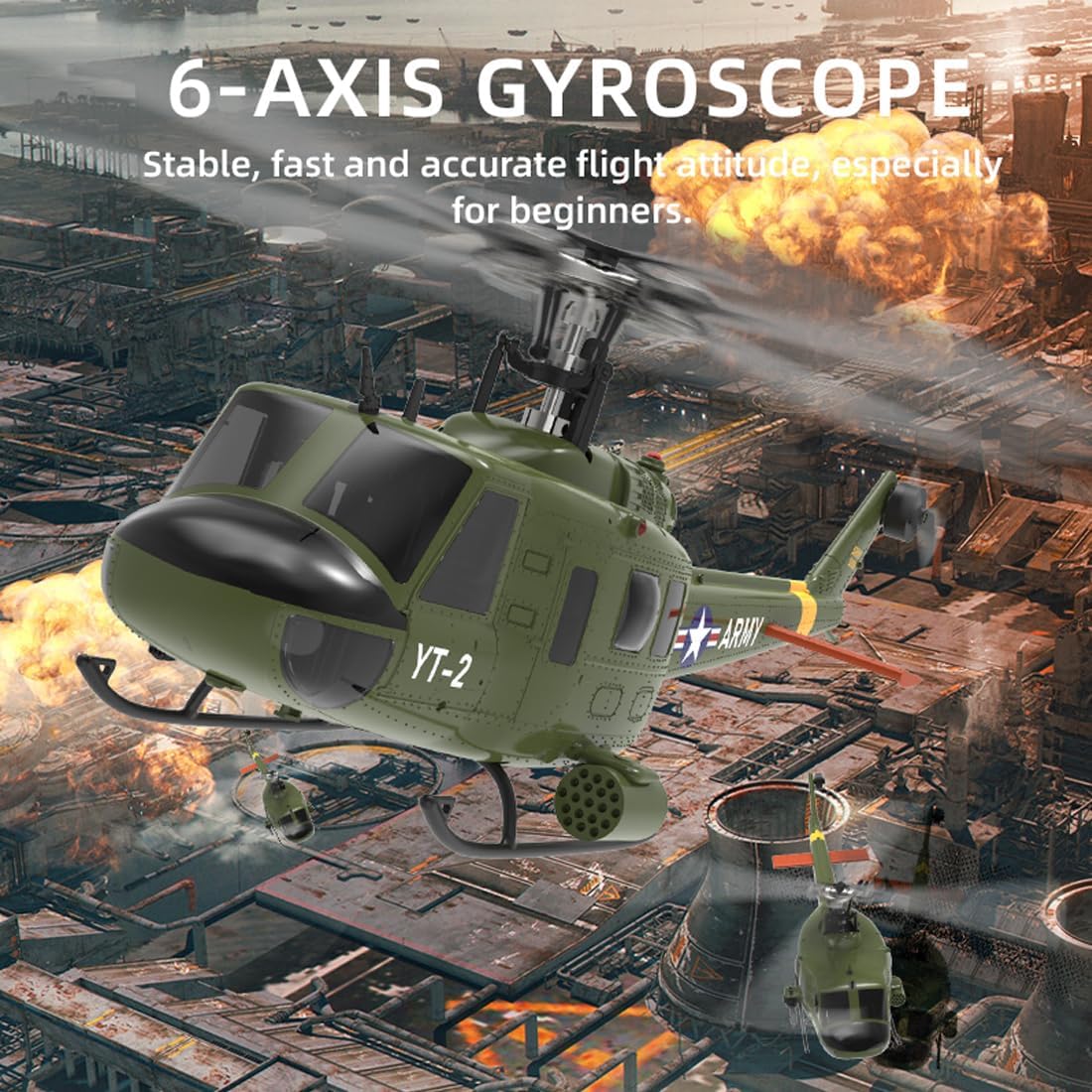 F07-V UH-1 Huey Brushless Military RC Helicopter, 1:34 Scale 2.4G 6CH Single Rotor RC Helicopter with 3D/6G Modes, High-Performance Stunt Drone for Advanced Pilots