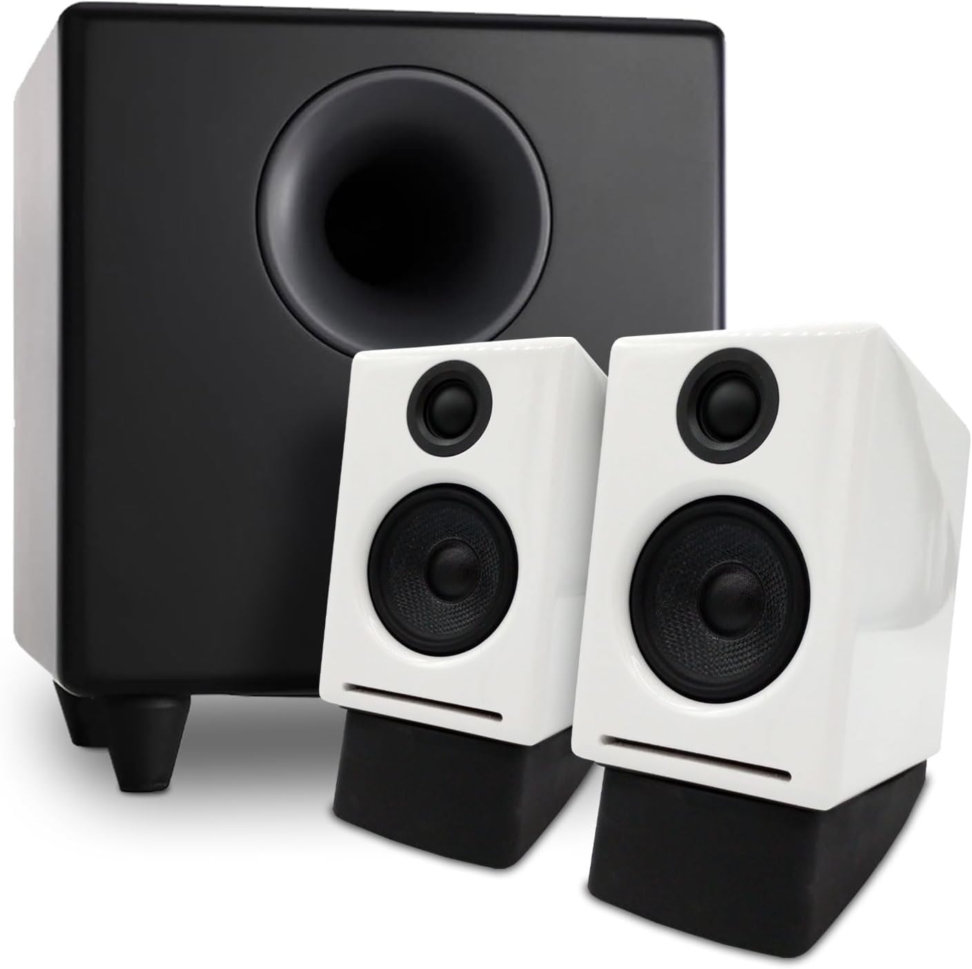 Audioengine A2 White Computer Speakers with S8 Black Subwoofer and DS1 Stands