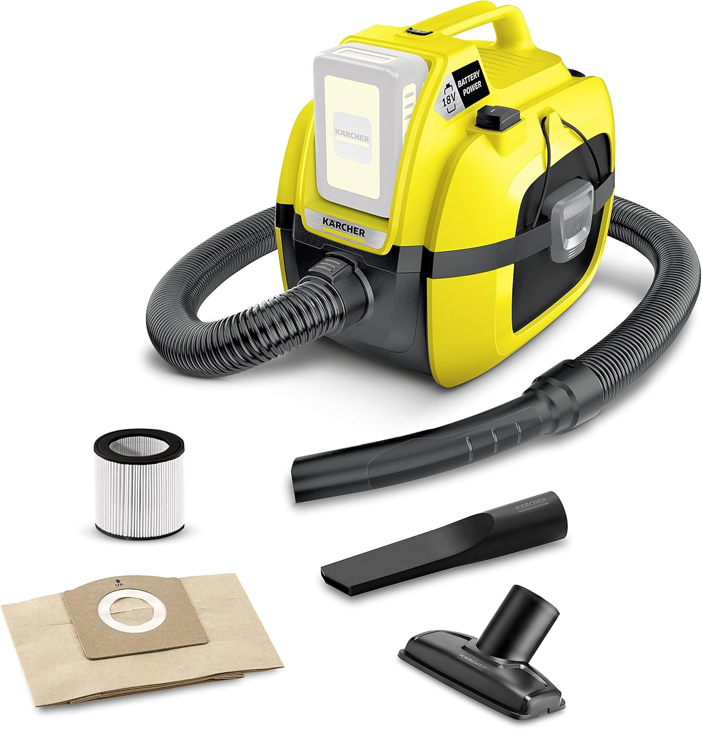 Kärcher Multi-Purpose Vacuum Cleaner WD 1 Compact Battery (Power: 230 W, Container Size: 17 liters, Blower Function, Accessory Storage, Suction Without Filter Change, Compact Design, Without Battery)