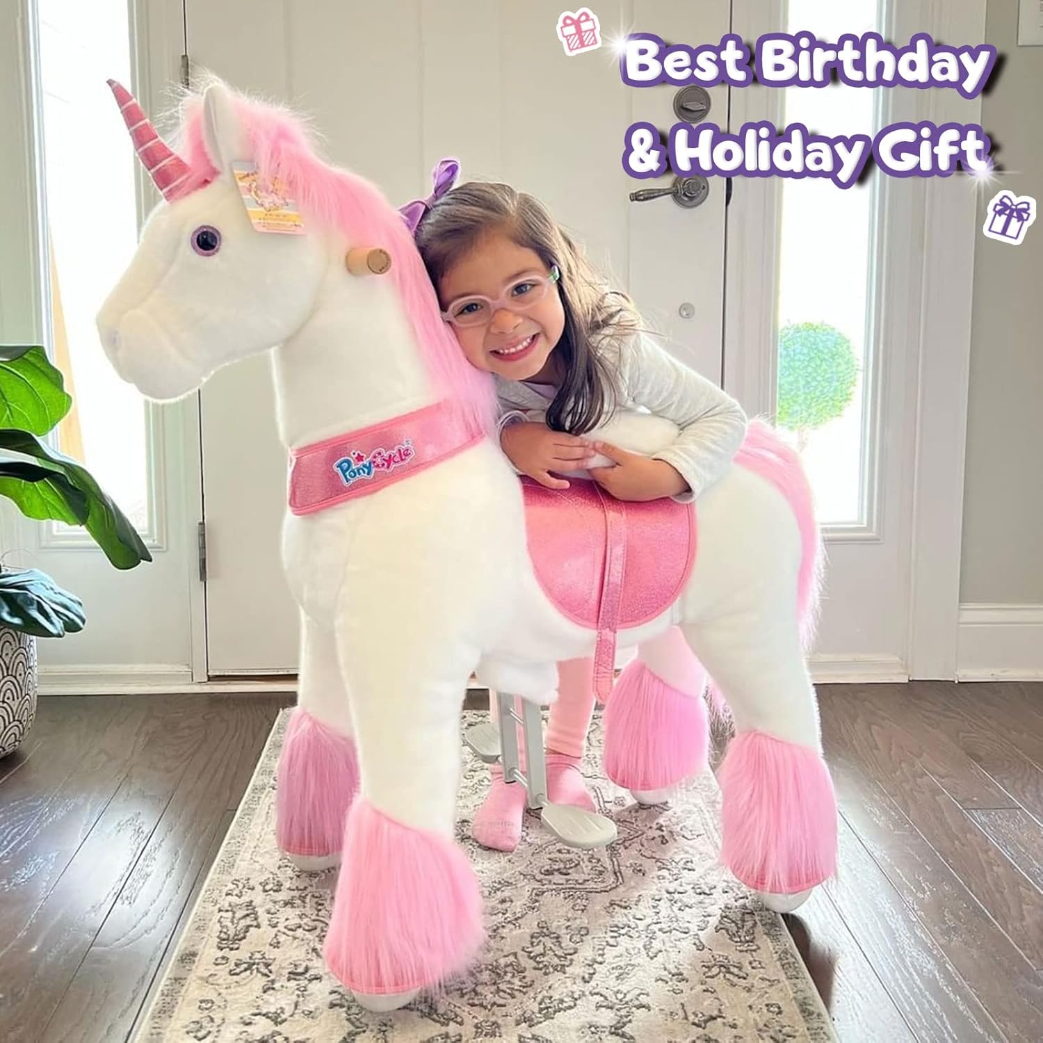 PonyCycle Ride on Horse for Toddlers 2-5 Size 3 Pink Unicorn Ride on Toys Pony Cycle Riding Unicorn Horse Riding Toy on Wheels with Music Sounds Birthday Gifts, Outdoor Indoor Ux302.