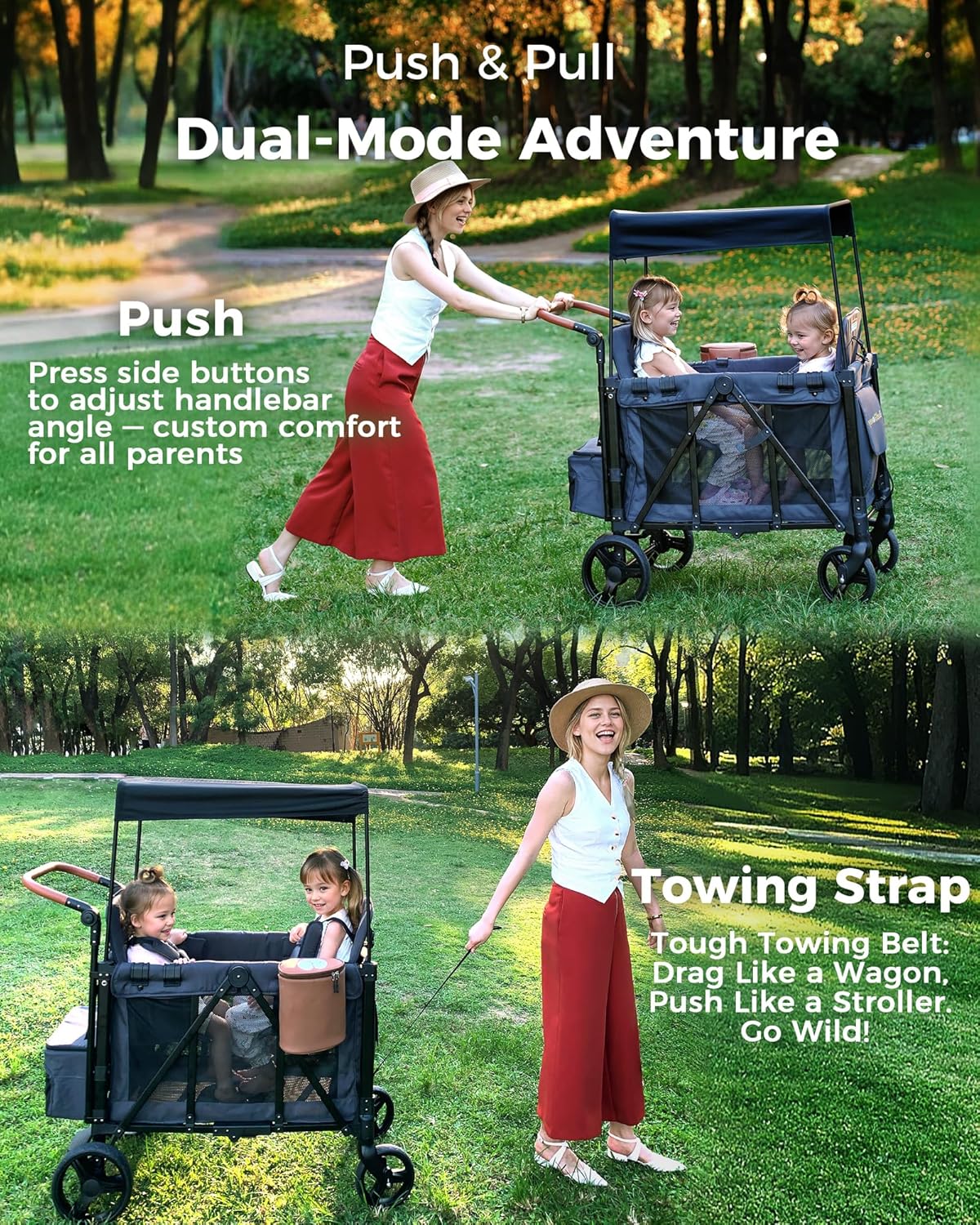 Wagon Stroller for 2 Kids with Insulated Snack Pack Foldable All-Terrain Wagon Stroller, 5-Point Harness & Canopy Parent Organizer Adjustable Handle (Grey)