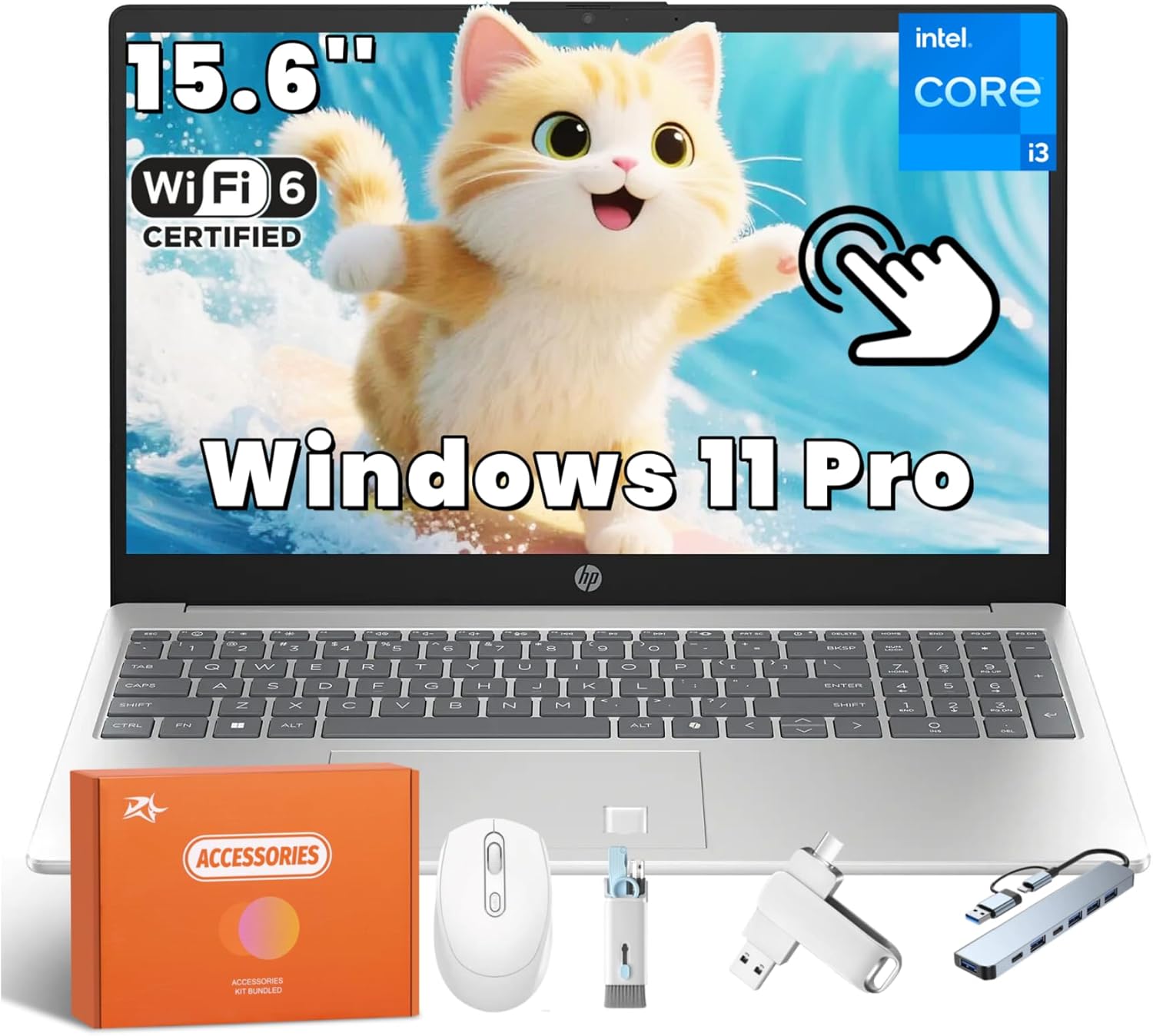 HP 15.6 Inch Touchscreen Business Laptop, Intel 13th i3-1315U(Up to 4.5GHz), 16GB RAM, 512GB SSD, 8H Battery Life, Fast Charge, Wi-Fi 6, Bluetooth 5.3, HD Camera, Windows 11 Pro, Accessories