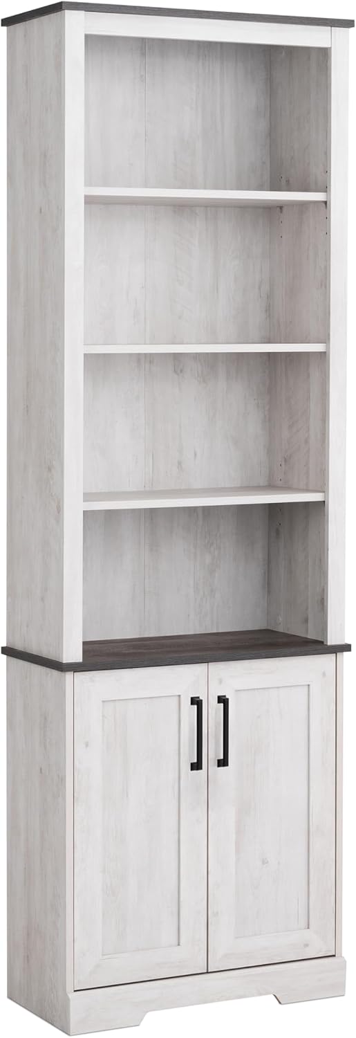 Prepac Rustic Ridge Bookcase with Doors, Washed White Storage Cabinet with Doors and Shelves, Accent Cabinet 26