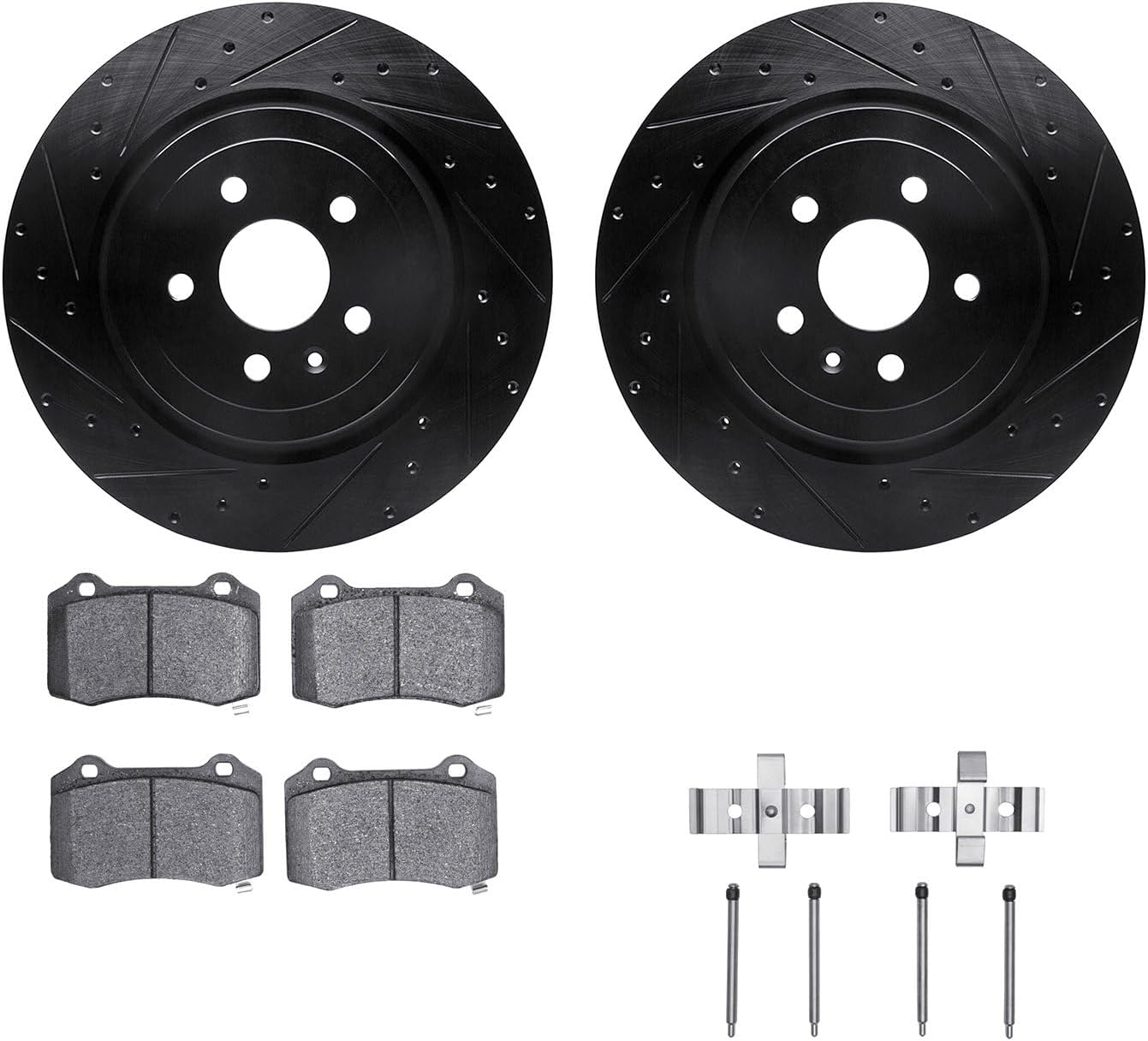 R1 Concepts Drilled and Slotted Black Disc Brake Rotor Set with Semi-Met Pads and Hardware Rear 2012-2020 Tesla S,X