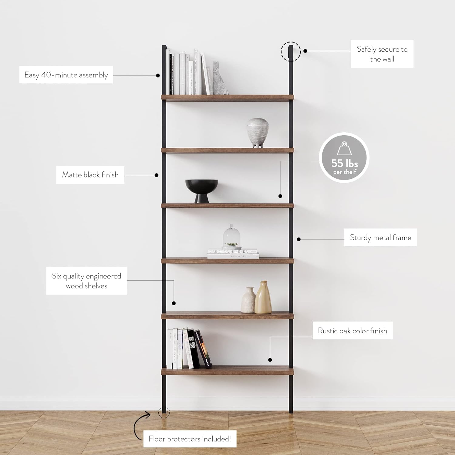 Nathan James Theo 6-Shelf Tall Bookcase, Wall Mount Bookshelf & 74101 Mina Modern TV Stand, Entertainment Cabinet, Media Console