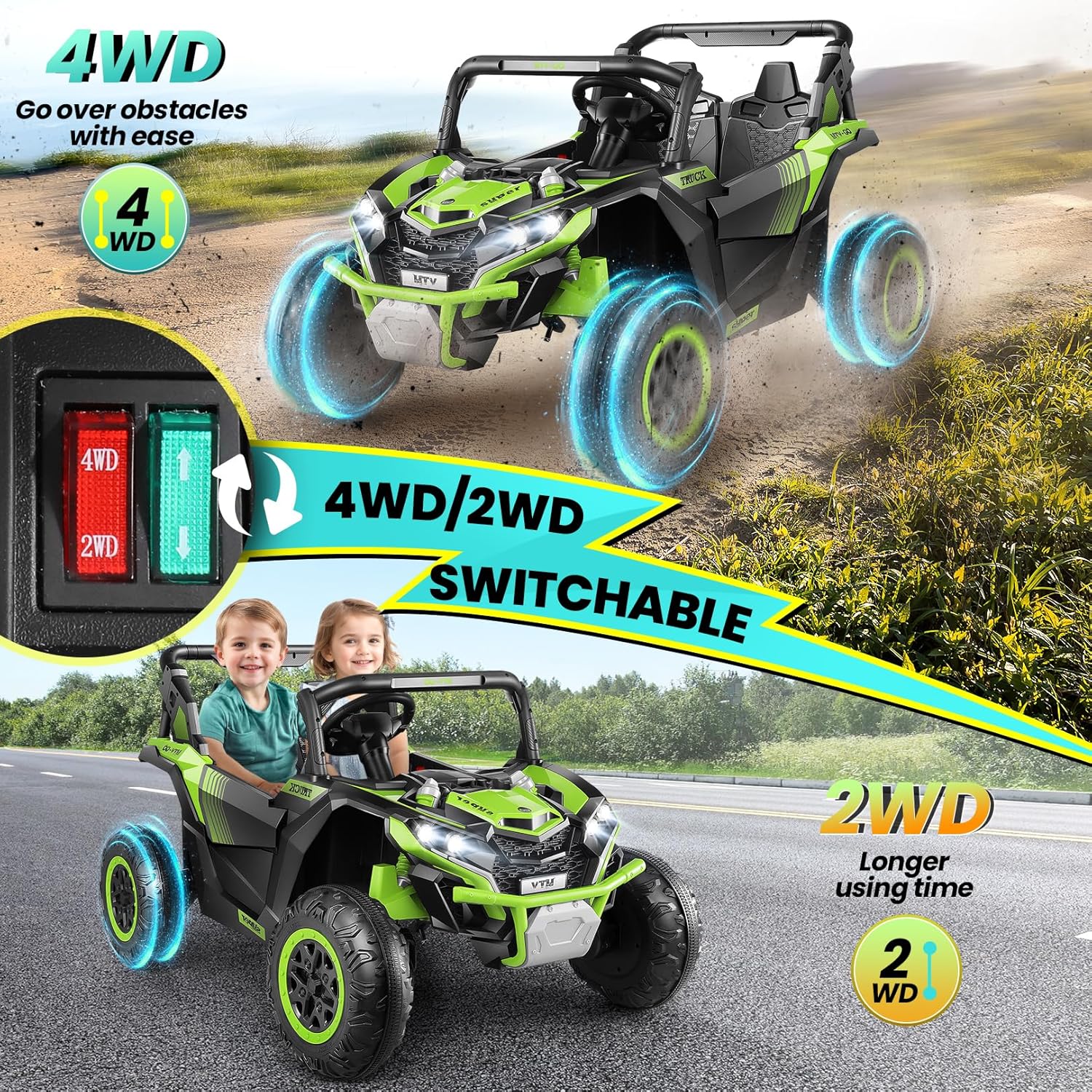 Hikole 24v 2 Seater Ride on Car for Boys&Girls, UTV for Child with Parent Remote, Kids Electric Vehicles, Battery Operated Off-Road Style, Spring Suspension, 3 Speeds, Music/USB/Bluetooth, Green