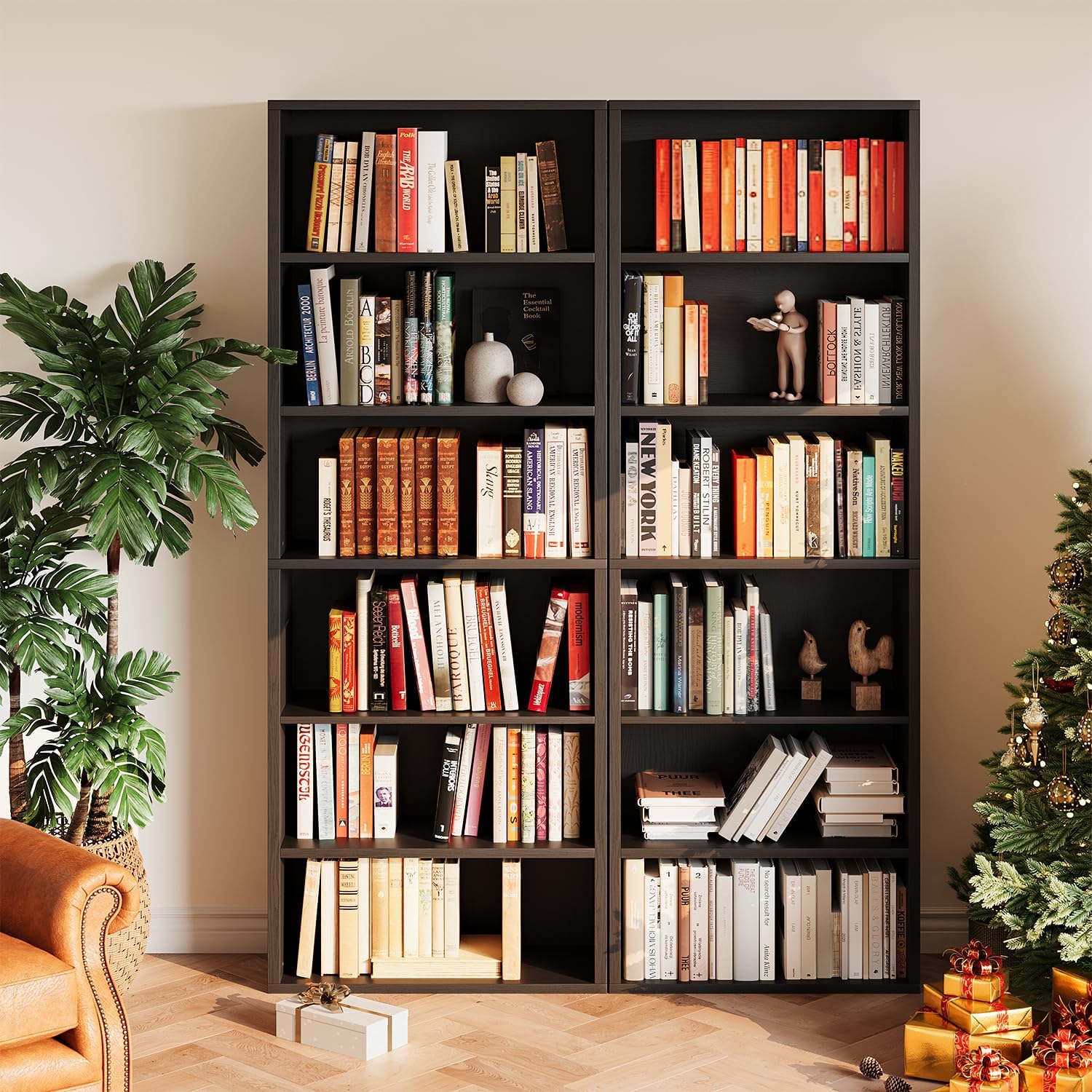 oneinmil Bookcase Set of 2,Floor Standing 6 Tier High Bookshelf, Display Storage Rack, Home Decorative Furniture, Suitable for Home Offices, Living Rooms,White (Black, 6-Tier-2-Pack Wide)