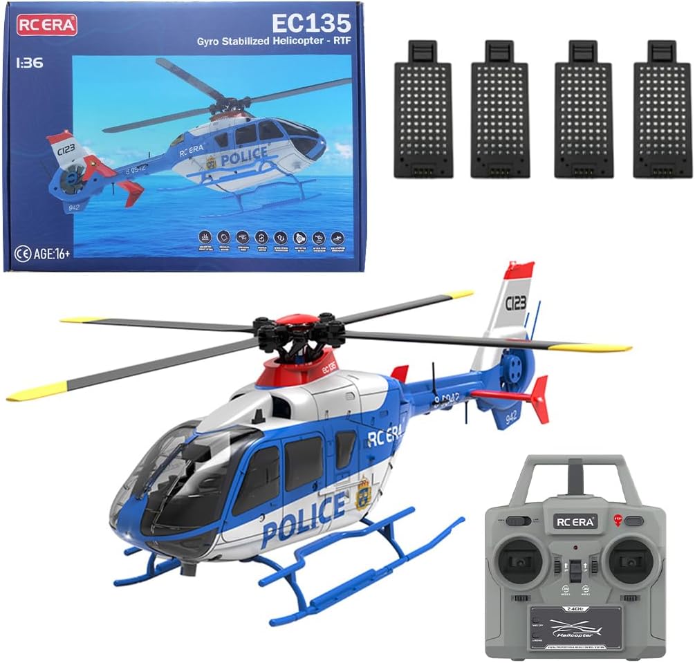 C123 1/36 Scale EC135 RC Helicopter, 2.4G 6CH Single-Rotor Remote Control Helicopter, 6G Mode & 6-Axis Gyro Aircraft Model Gift Toy for Adult - 4 Battery