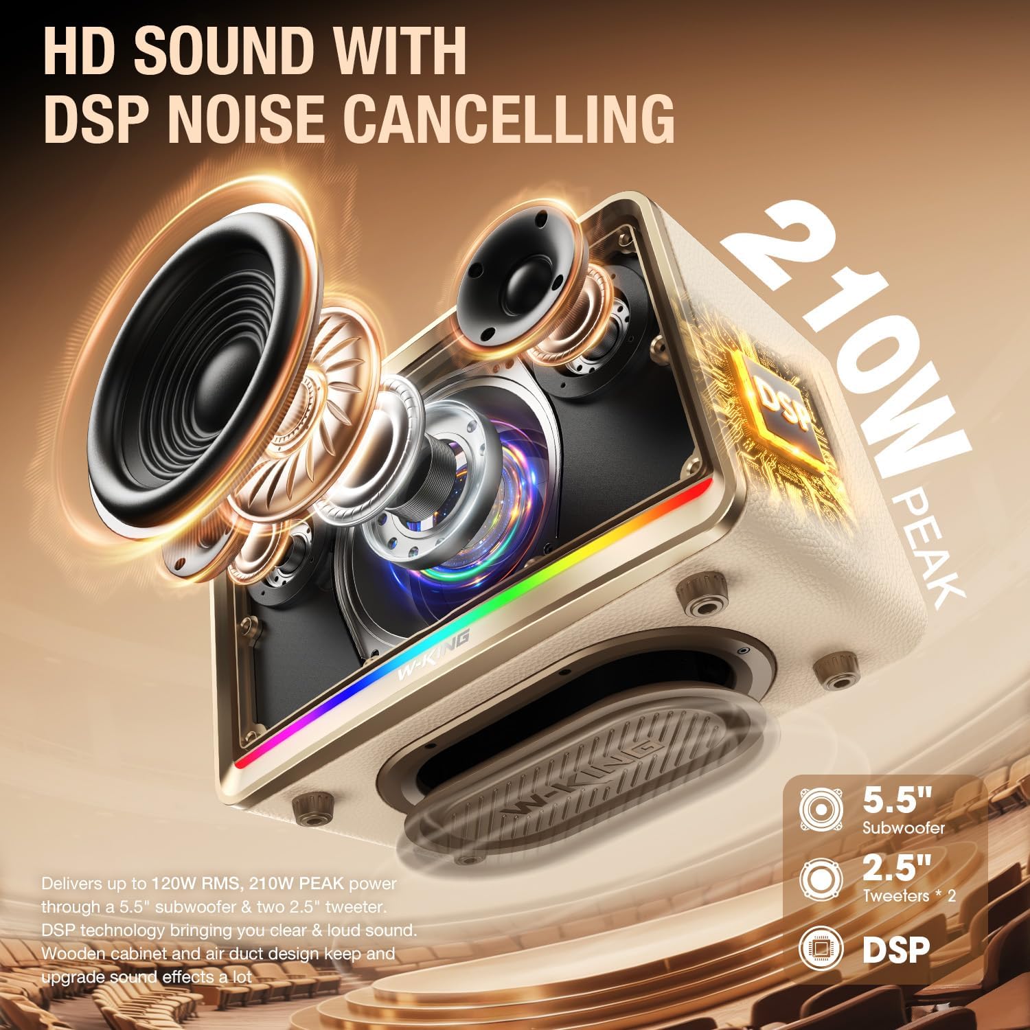 W-KING Bluetooth Home Speaker 210W Max- Retro Wireless Speakers with Rich Bass