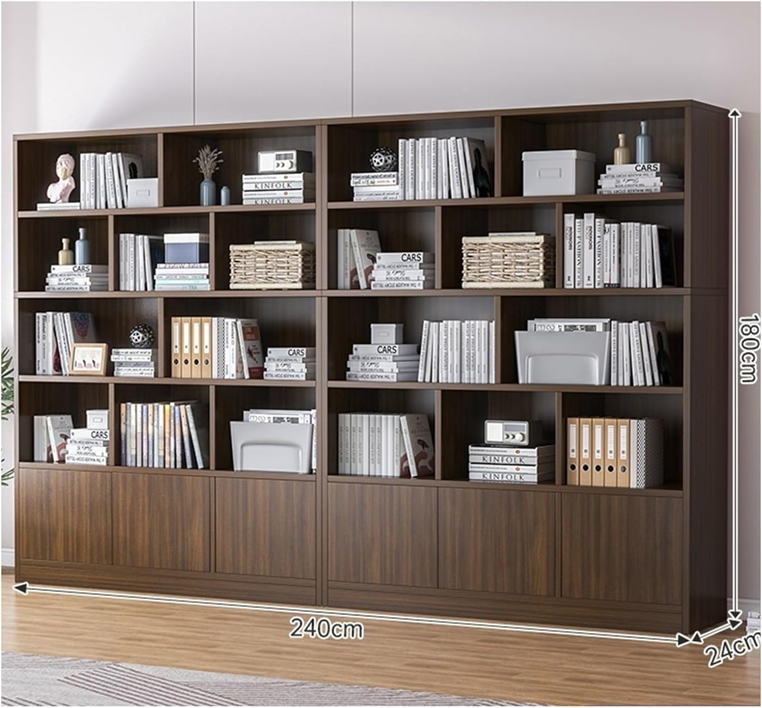 KIRANDY Solid Wood Combo Reading Bookshelf, Wall-Leaning Bookcase Display Shelves Entryway Divider Rack (Color : Walnut Color 240x24x180cm)