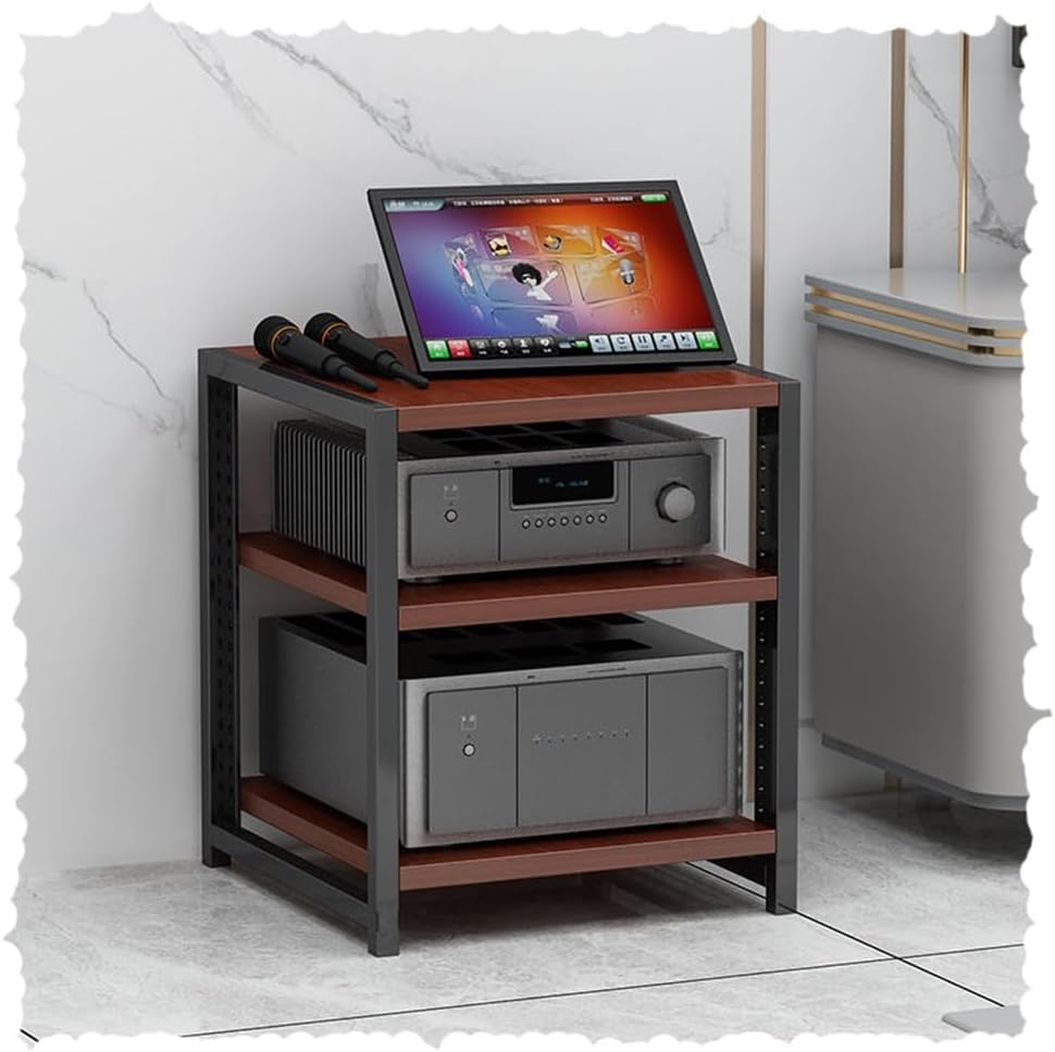 BIUBPW 6-Tier Modern Media Storage Cabinet - Brown Wood & Black Steel - Adjustable AV Media Stand - Audio Video Components Cabinet - Home Corner Media Center