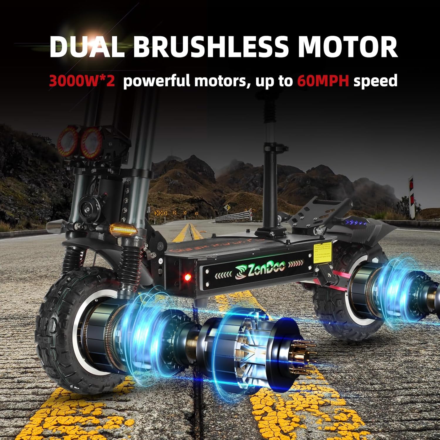 ZonDoo ZO03/ZO03 Plus Electric Scooter Adults 50/55MPH Fast 5600W/6000W Dual Motors 50/60 Miles Long Range Off RoadTires Oil Hydraulic Brake Dual Suspension All Terrain Sports Escooter wtih Seat
