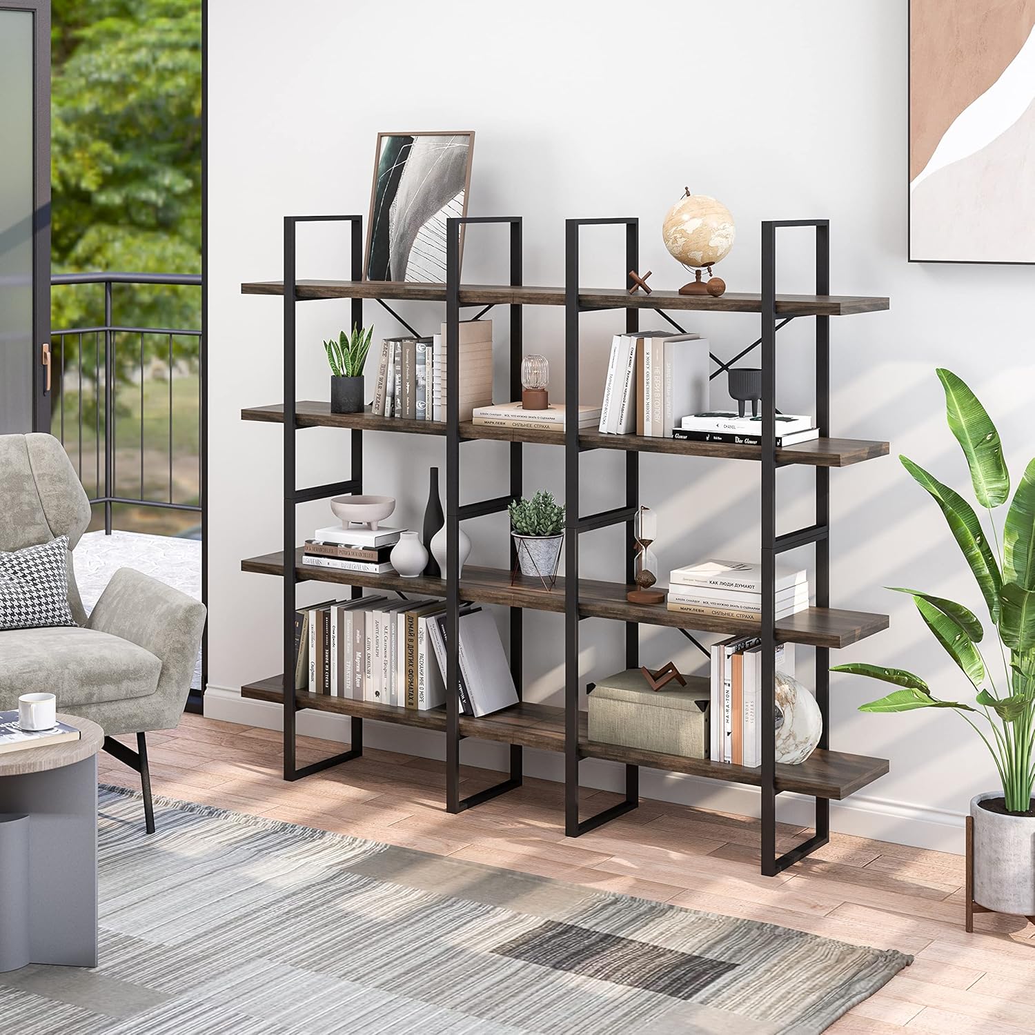 4-Tier Antique Walnut Color Bookcases 70 * 12.52 * 56.69inches Black Brown Industrial Modern Contemporary MDF Metal Natural Finish Includes Hardware
