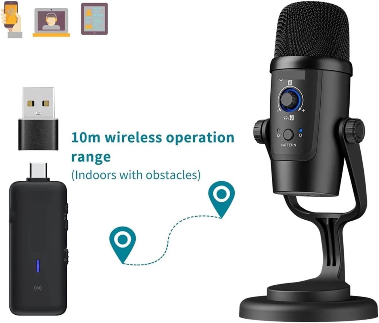 Microphone BY-PM500W 2.4GHz USB Condenser Wireless Microphone Dual-Function Desktop Professional Mic for PC Laptop Streaming Recording Suitable for Anchor, Dubbing Studio, Recording, st