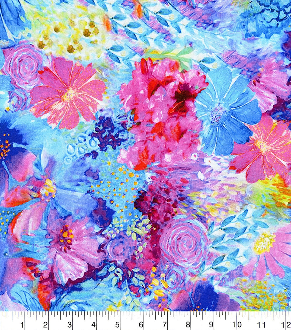Blue Painted Floral Premium Cotton Fabric