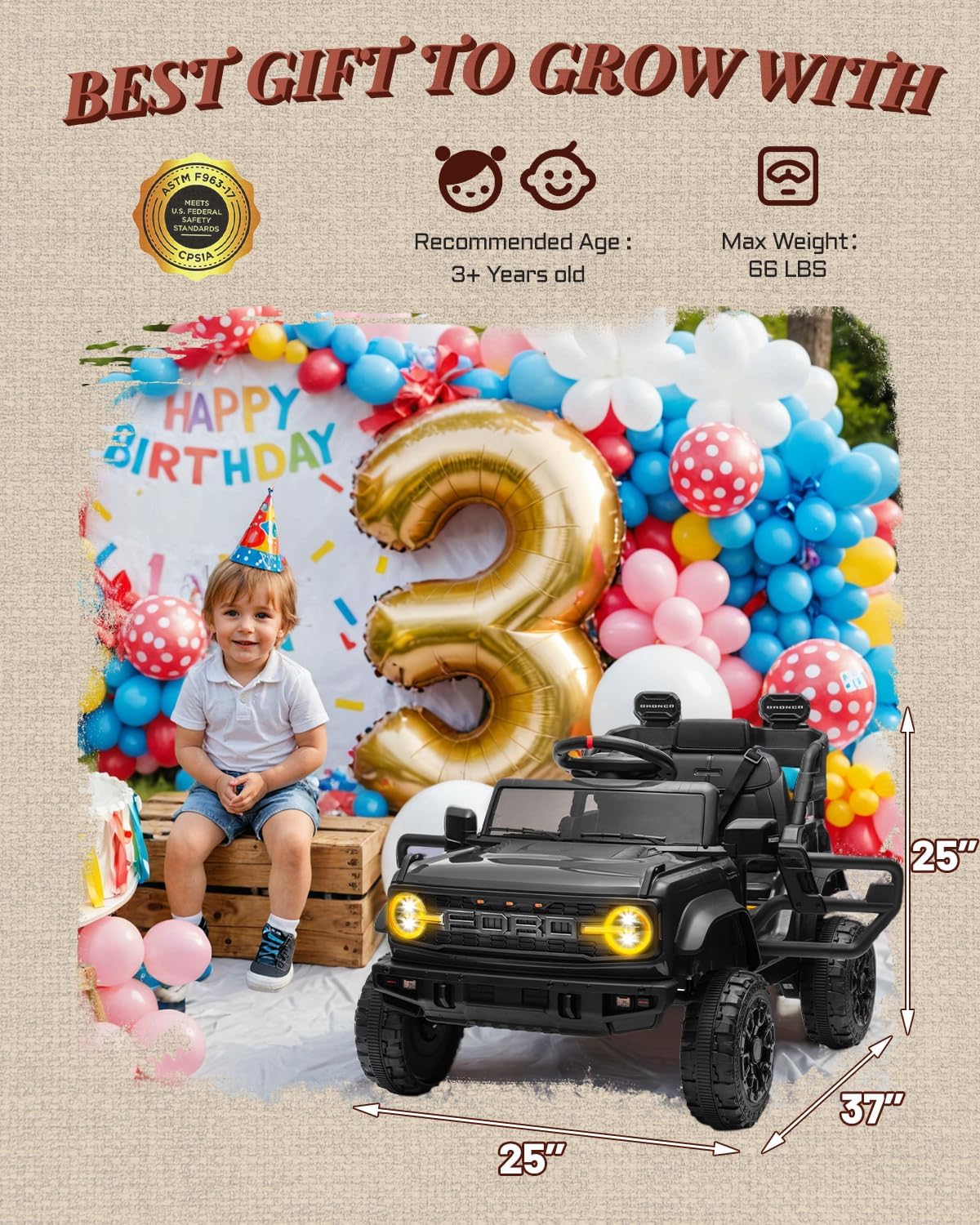 First Ride On 12V Ride on Toys for Kids, Licensed Ford Bronco Raptor Children Electric Vehicles, Toddler Battery Powered Car with Double Doors, 3 Point Safety Belt, Led Lights (12V, Black)