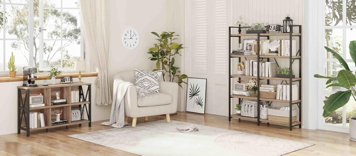 FATORRI Industrial Tall Bookshelf and Horizontal Bookcase for Home Office (Rustic Oak)