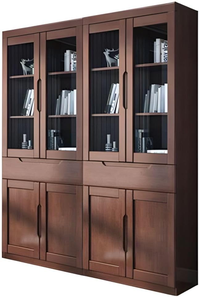 KWOKING Contemporary Style Bookshelf Solid Wood with Glass Door Bookcase for Office Study Room RubberWood Bookcase Rubber Wood Office File Cabinet Bookshelf Cabinet Brown 63