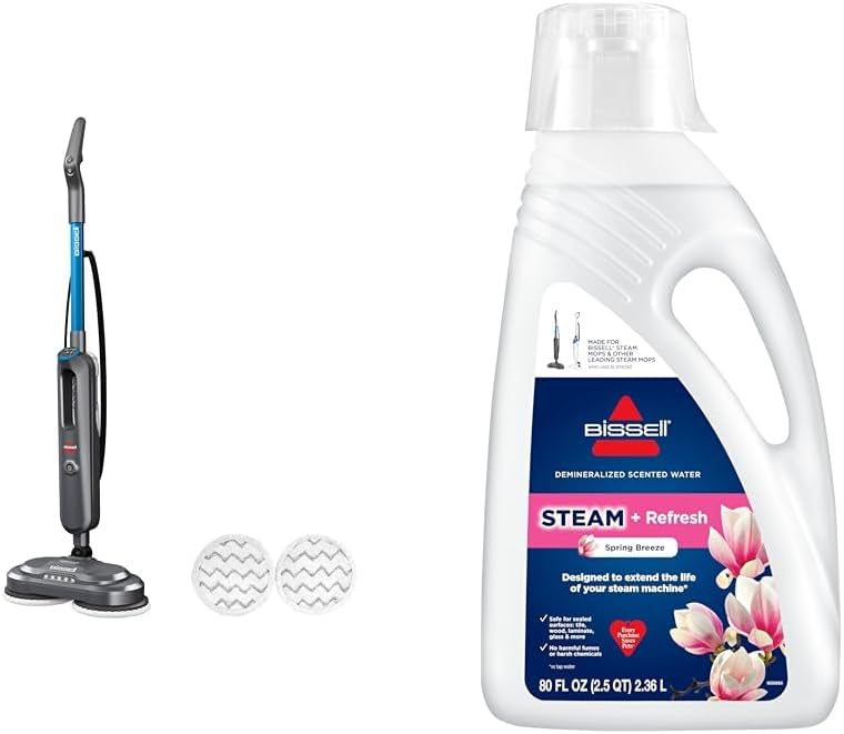 Bundle of BISSELL SpinWave SmartSteam Scrubbing Steam Mop with Rotating Mop Pads + Bissell Spring Breeze Steam Water 80oz