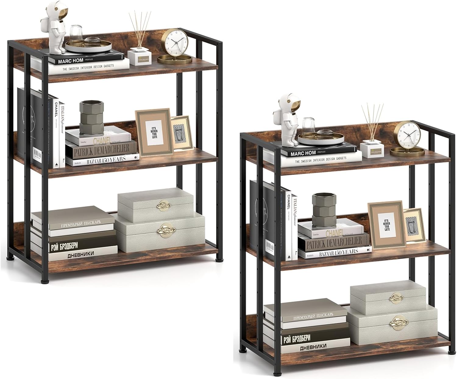 SILKYDRY 3-Tier Bookshelf, Small Bookcase with Metal Frame & Wooden Display Racks, Industrial DIY Shelving Unit with Adjustable Shelves, 32” Tall Rustic Open Book Shelf for Small Spaces (2)