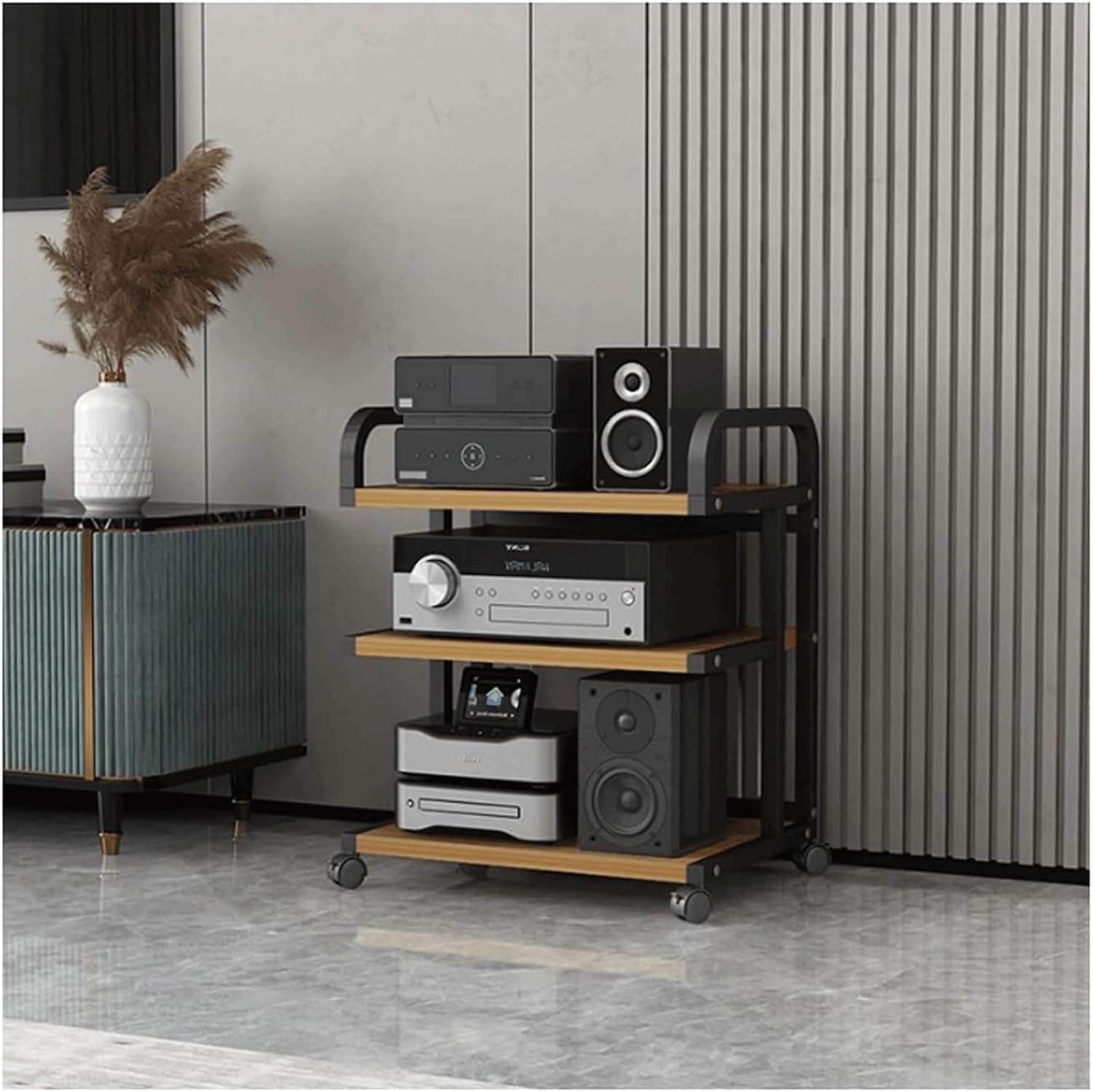 KUddYYKi Audio Rack Movable Stereo Rack HiFi Rack AV Media Stand with Wheels Audio-Video Shelving Open Audio Component Rack Stereo Shelf(Natural