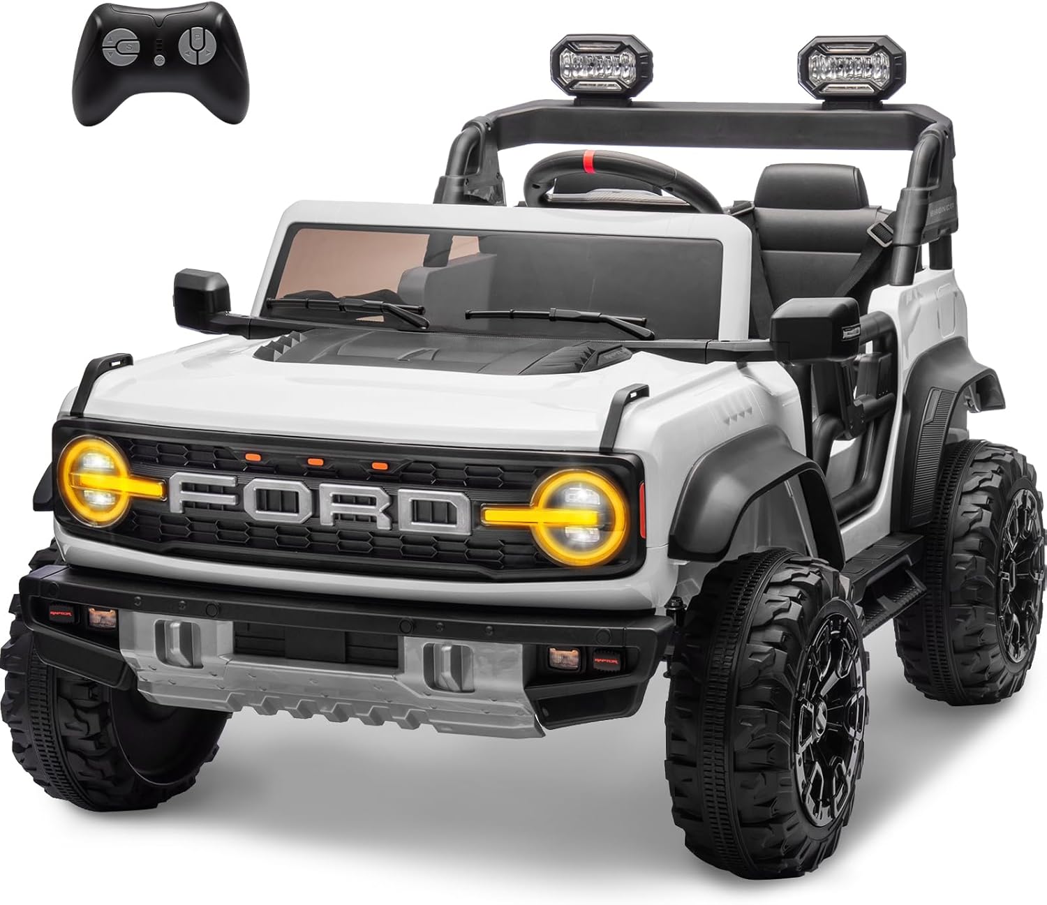 ENYOPRO 24V 2 Seater Ride On Toys for Kids, Licensed Ford Bronco Raptor Toddlers Electric Ride On Car w/Remote Control, Safety Belt, LED Lights, Spring Suspension, Bluetooth Music, 3 Speed, White