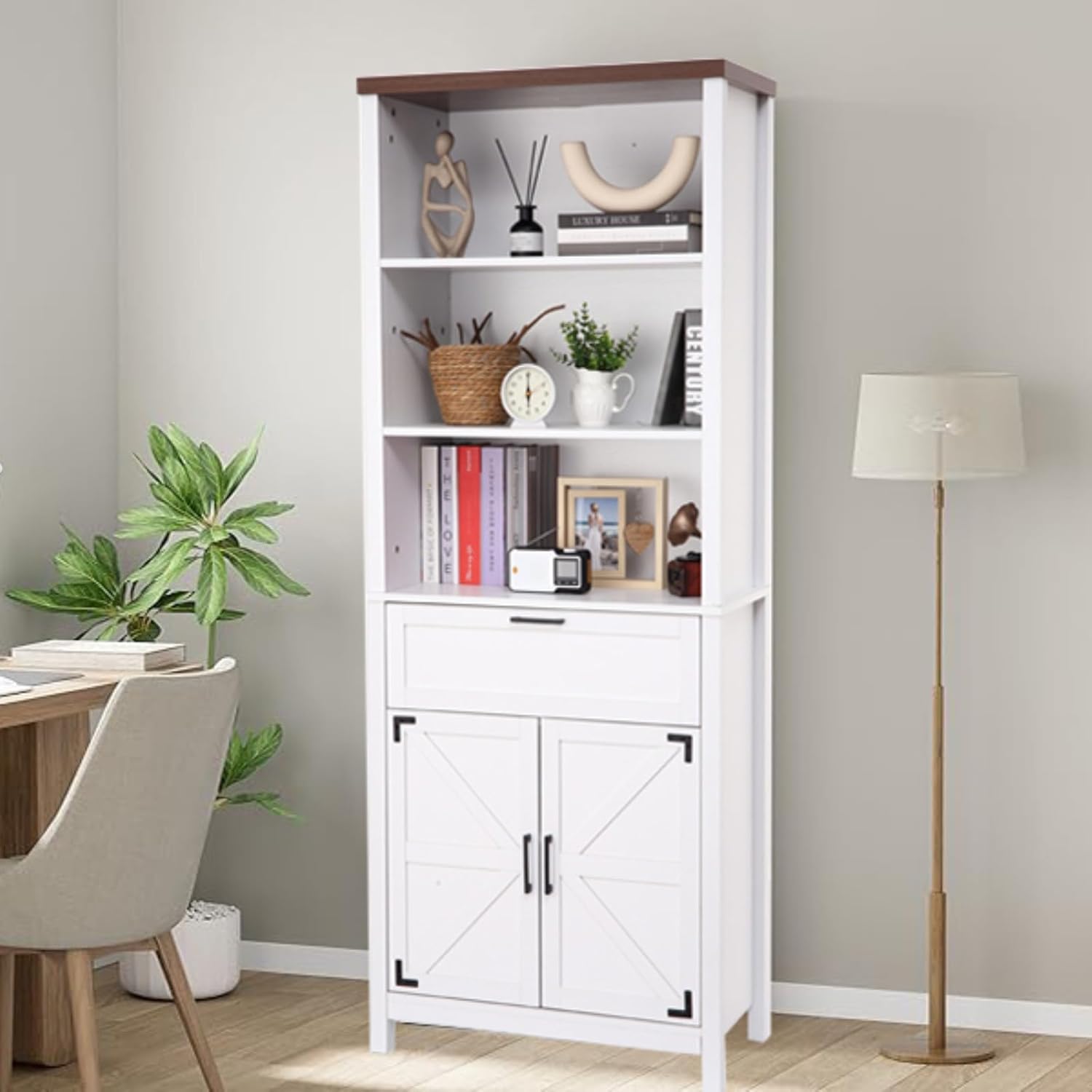 6 Tiers Bookshelf With Storage,72”Tall Modern Storage Bookcase with Adjustable Shelves&Drawers,Wooden Display Cabinet Set with doors for Farmhouse/Living Room/Bedroom/Office/Library(Antique White)