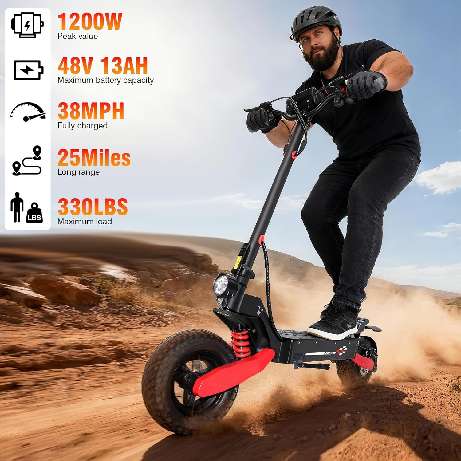 1200W Off-Road Folding Electric Scooter with 48V 13AH Lithium Battery, 30-38 MPH Max Speed, All-Terrain Tires for Adults, Portable Design for Commuting and Adventure