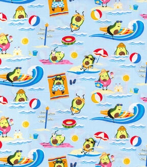 Fabric TraditionsAvocados At The Beach On Blue Novelty Cotton Fabric