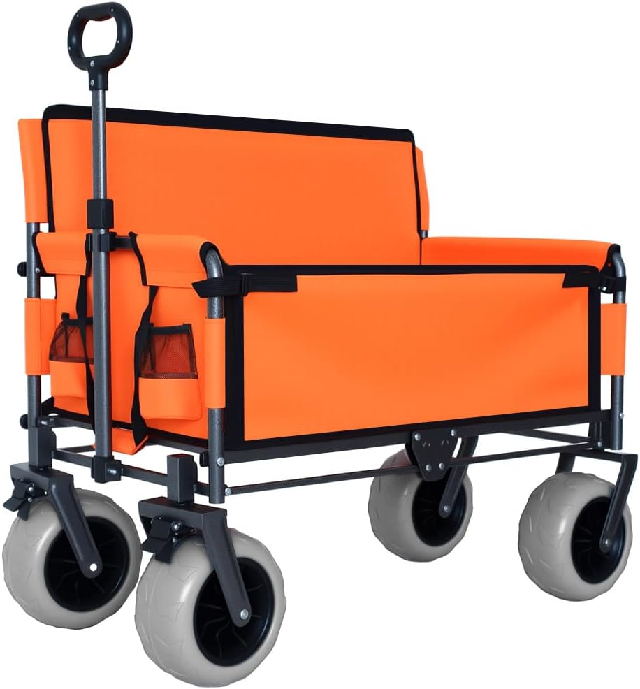 Versatile Folding Wagon with Bench Seat – Heavy-Duty Steel Frame, All-Terrain Wheels, Spacious Cargo Area for Outdoor Activities (Orange + Steel)