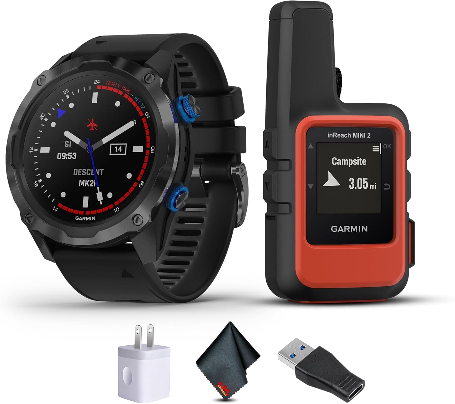 Garmin Descent Mk2i, Watch-Style Dive Computer with Air Integration, Multisport Training Smartwatch, Titanium Carbon Gray DLC with Black Band Bundle with inReach Mini 2,Flame Red with GPS + More