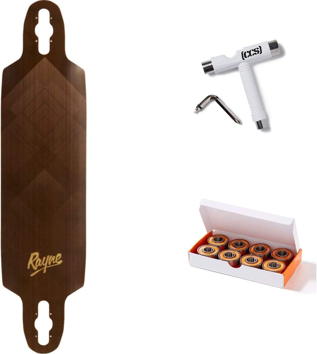 Rayne Crush Longboard Deck - Soft Flex with CCS Skate Tool and Abec 7 Built In Spacer Bearings