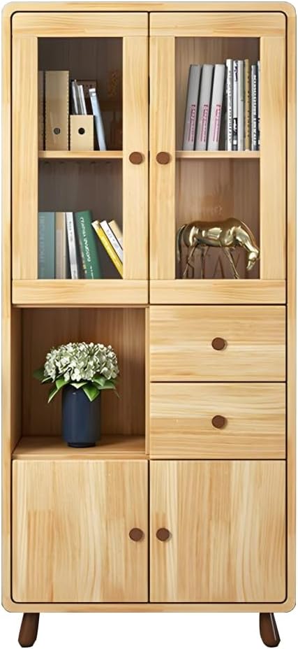 LITFAD Wooden Bookcase Free Standing Floor Bookshelf with Glass Doors Modern Storage Cabinet with Storage Drawer for Home Office, Study Room, Bedroom, Oak-27.5