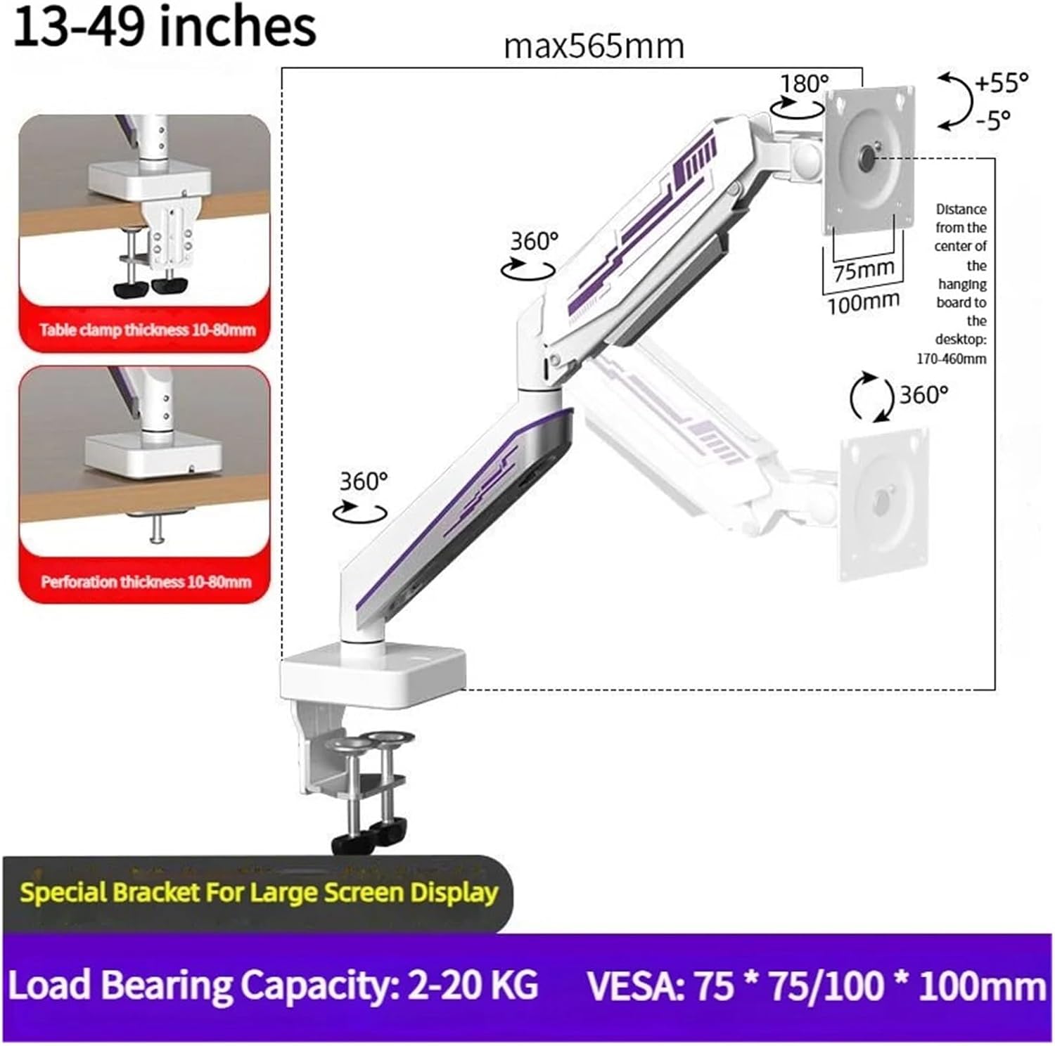 Monitor Mounting Arm LED RGB Single Monitor Stand Monitor Arm Maximum Loading 49 Inch 20KG Suitable for Game Room Stand Monitor(E9W-L)