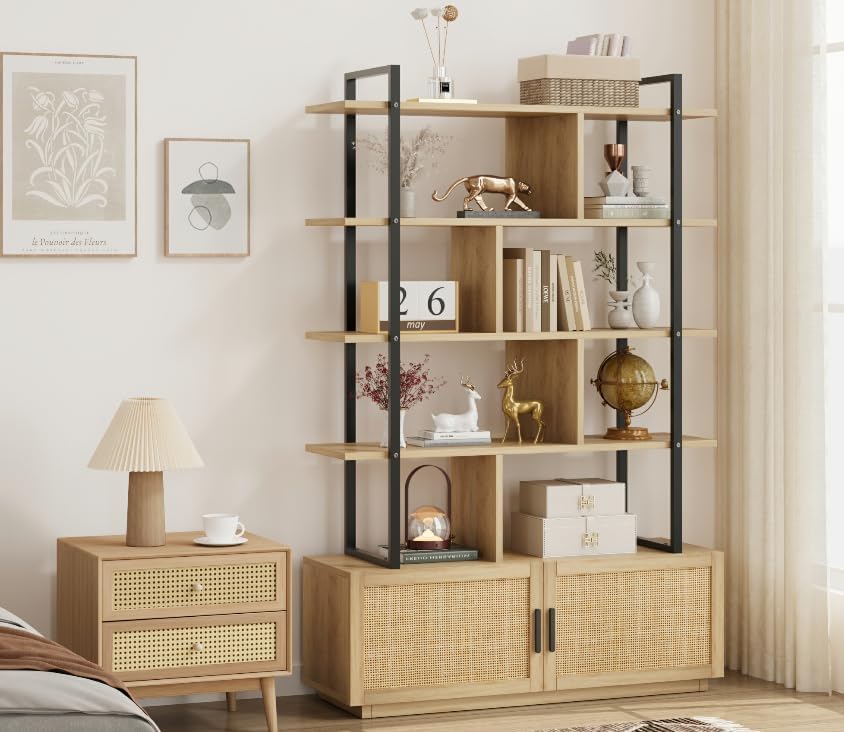 GAOMON 5 Tier Rattan Bookshelf with Storage Cabinet & Door, 71.1 Inch Tall Industrial Book Shelf with Open Display Shelves, 5 Shelf Bookcase with Metal Frame for Living Room, Bedroom (Wood)
