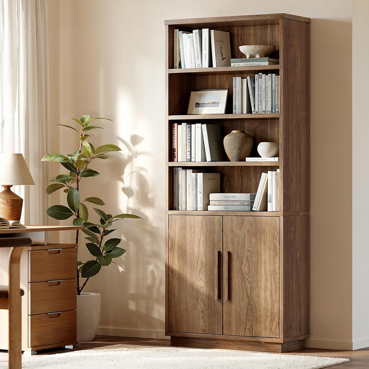 ModernMate 70'' Tall Bookcase with Doors, 7-Tier Bookshelf with Cabinet & Adjustable Shelves, Wooden Floor Standing Display Bookshelves with Storage Cabinet for Living Room, Home Office, Walnut