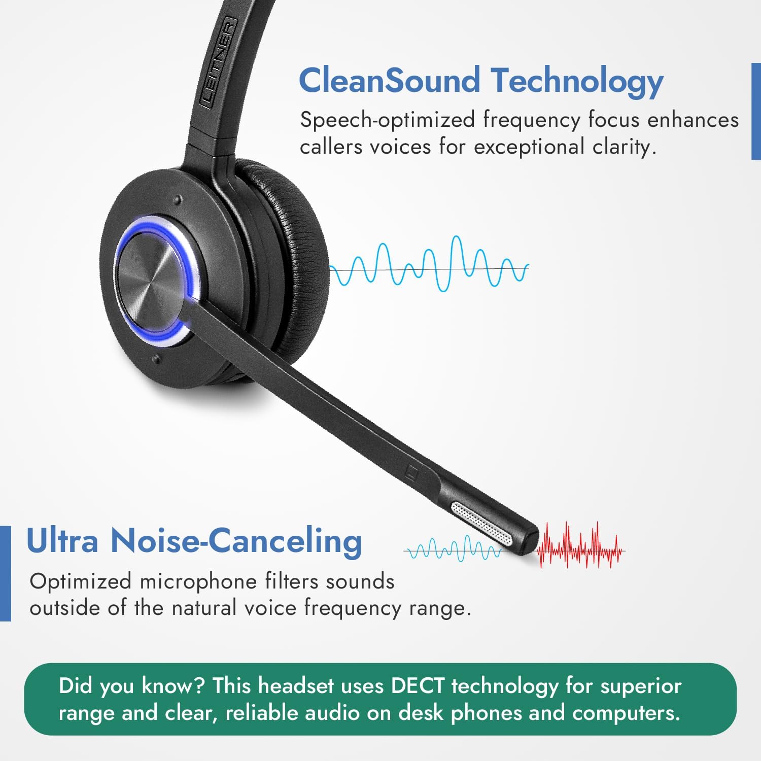 Leitner LH570 2-in-1 Wireless Office Headset with Mic - Computer & Telephone Headset (DECT Headset, not Bluetooth) - 5 Year Warranty - Phone Headsets for Office Phones