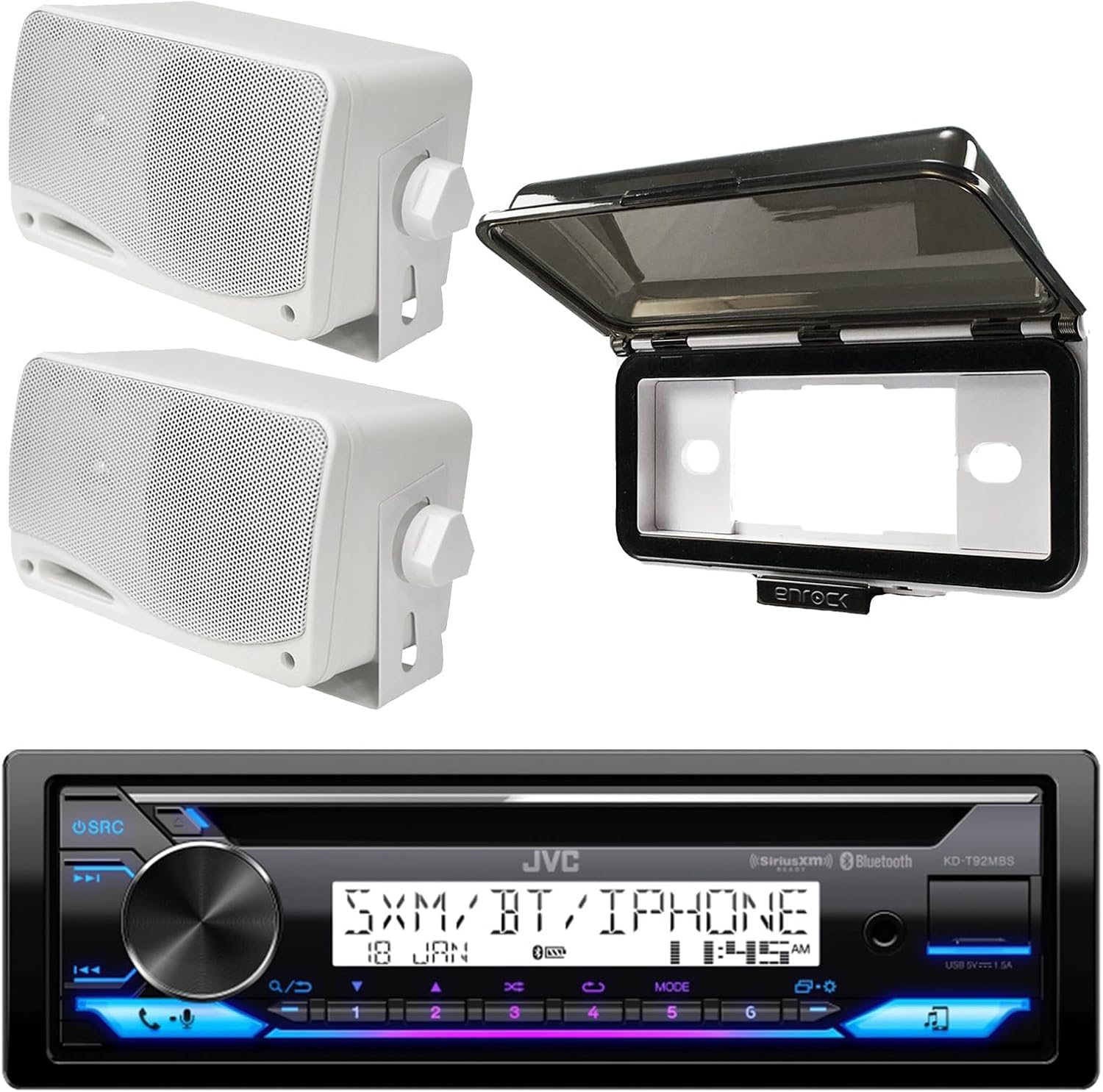 JVC Single DIN in-Dash Marine USB Bluetooth CD Player Stereo Receiver with White Radio Cover