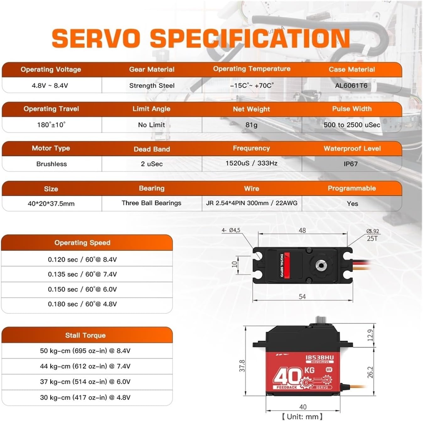 IB53BHU Position Feedback Servo 40KG High Torque Programmable Full Metal Gear Standard Digital Steering Motor Remote Control Servo(IB53BHU set1)