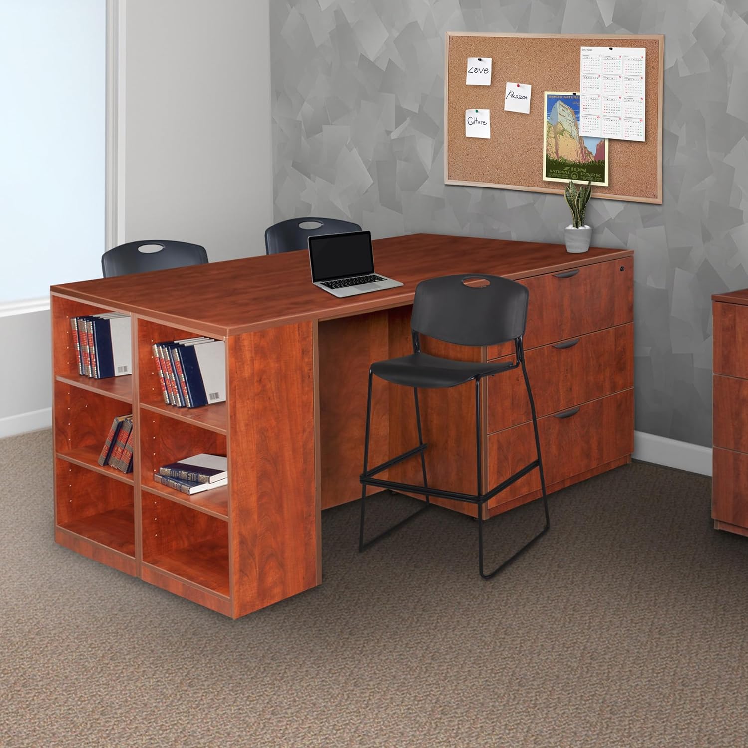 Romig Regency Legacy Stand Up Lateral File/3 Desk Quad with Bookcase End, Cherry