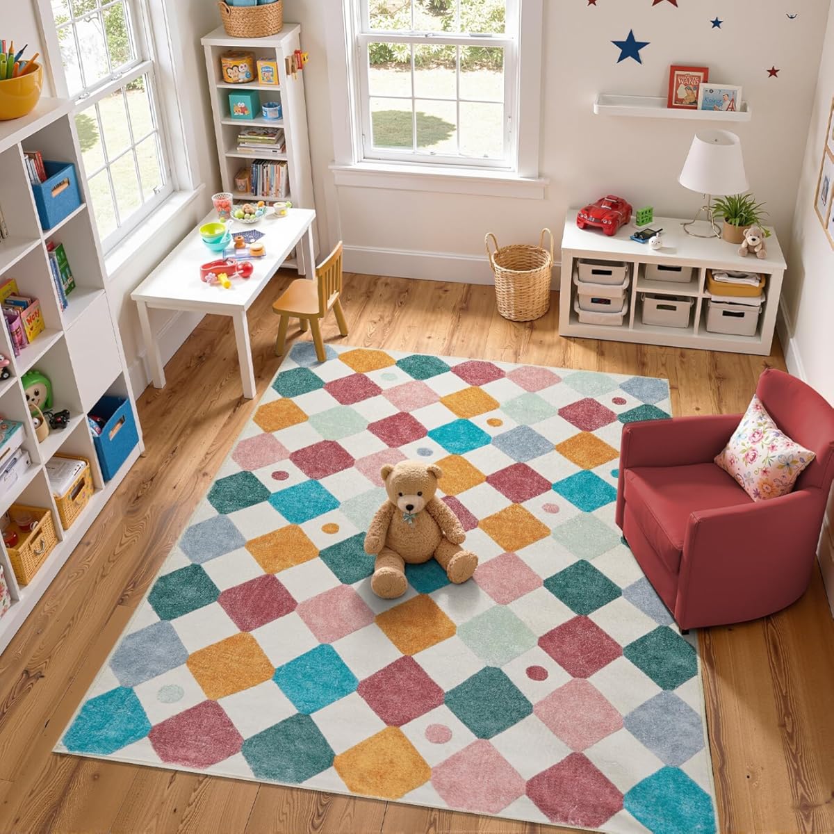 jinchan Macy Area Rug 6x9 Kids Washable Rug Indoor Floor Cover Non-Slip Modern Soft Rug Elementary School Classroom Diamond Carpet for Nursery Playroom Daycare Living Room Bedroom Confetti on Cream