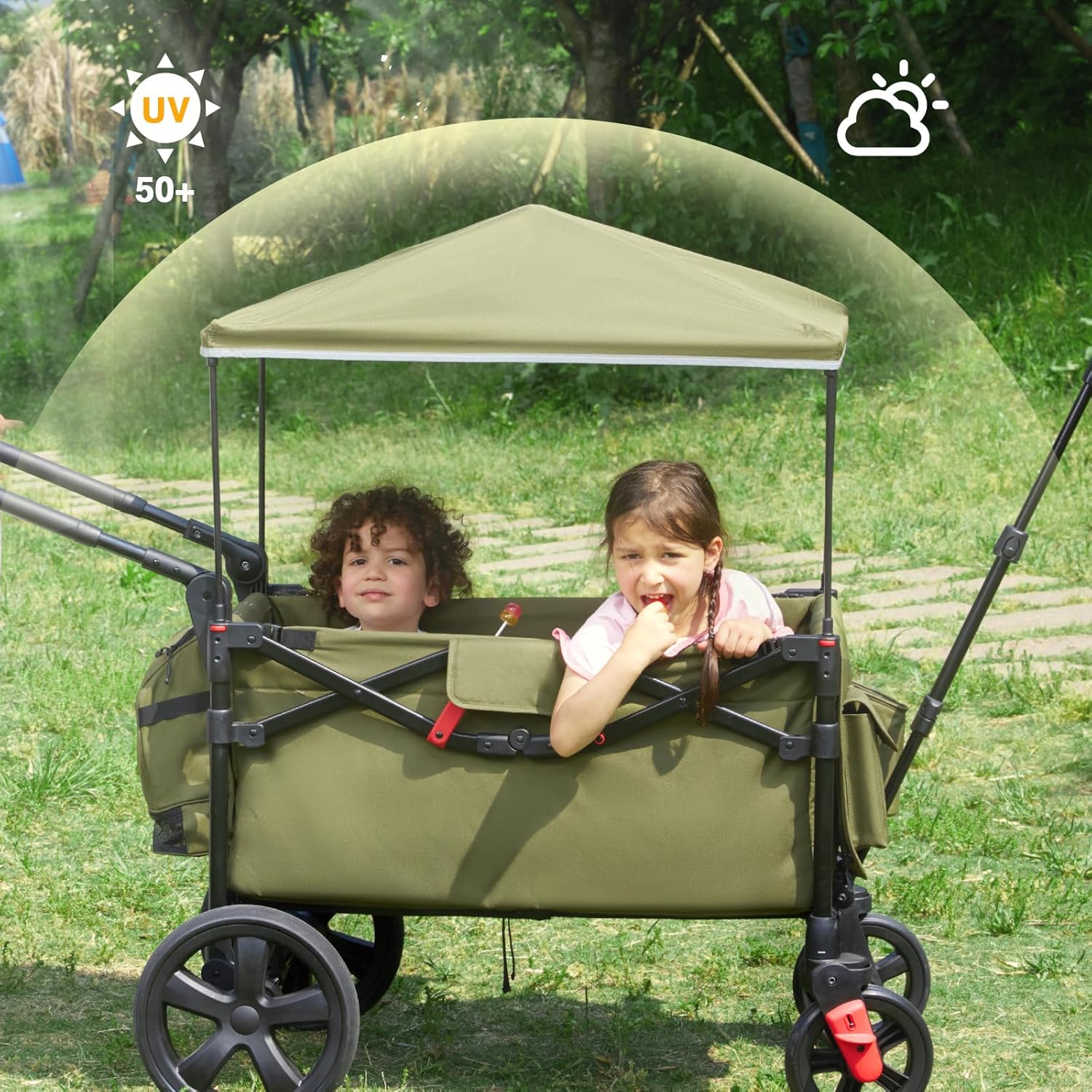 EVER ADVANCED Foldable Wagons for Two Kids & Cargo, Collapsible Folding Wagon Stroller with Adjustable Handle Bar,Removable Canopy with 5-Point Harness,Green