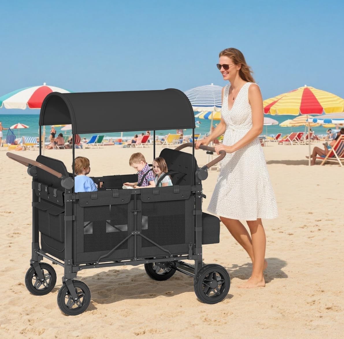 TABU 4 Seater Foldable Stroller Wagon with Removable Sun-Proof Canopy, All Terrain Wagon with Storage Bag, Adjustable Handle & 5-Point Harnesses for Camping, Travel, Beach, 51.2x22.5x42.6IN