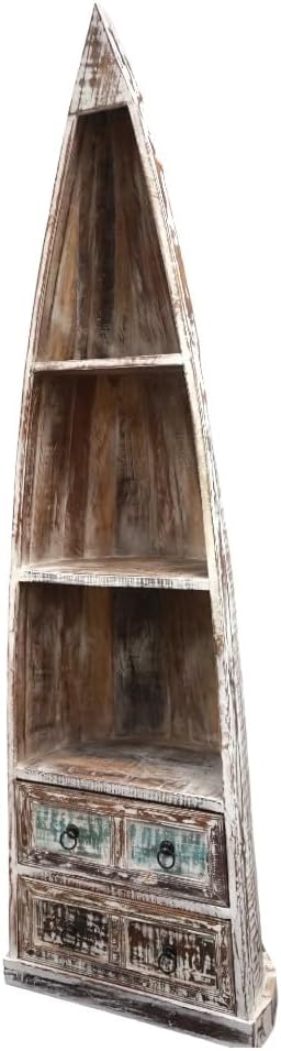 Sundara Furnishings Nautical Bookcase, Canoe Bookcase with 2 Drawers, Reclaimed Wood, Whitewashed, 81