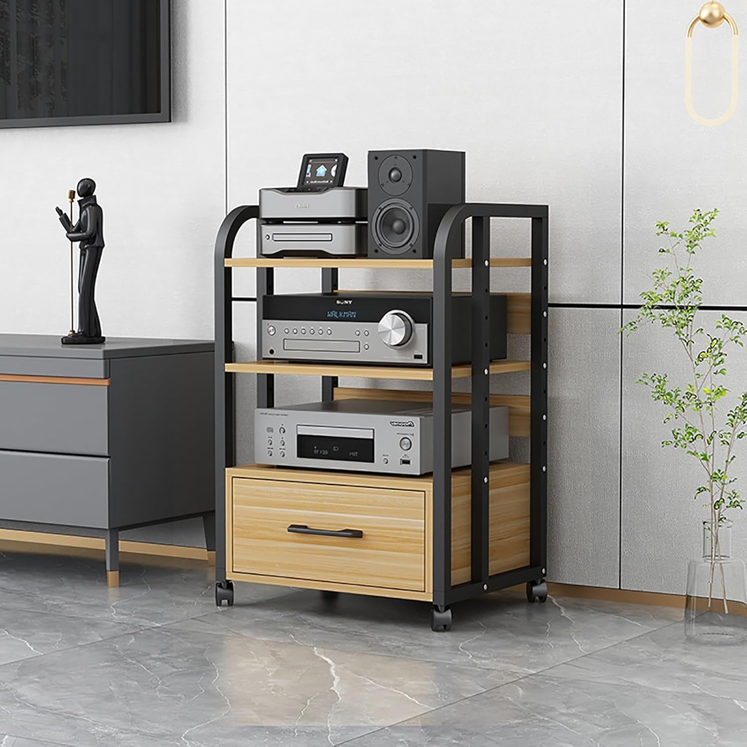 HONGKEFIT 3/4-Tier AV Media Stand Corner Shelf Stereo Cabinet Audio Rack Tower with Height Adjustable Wooden Shelves