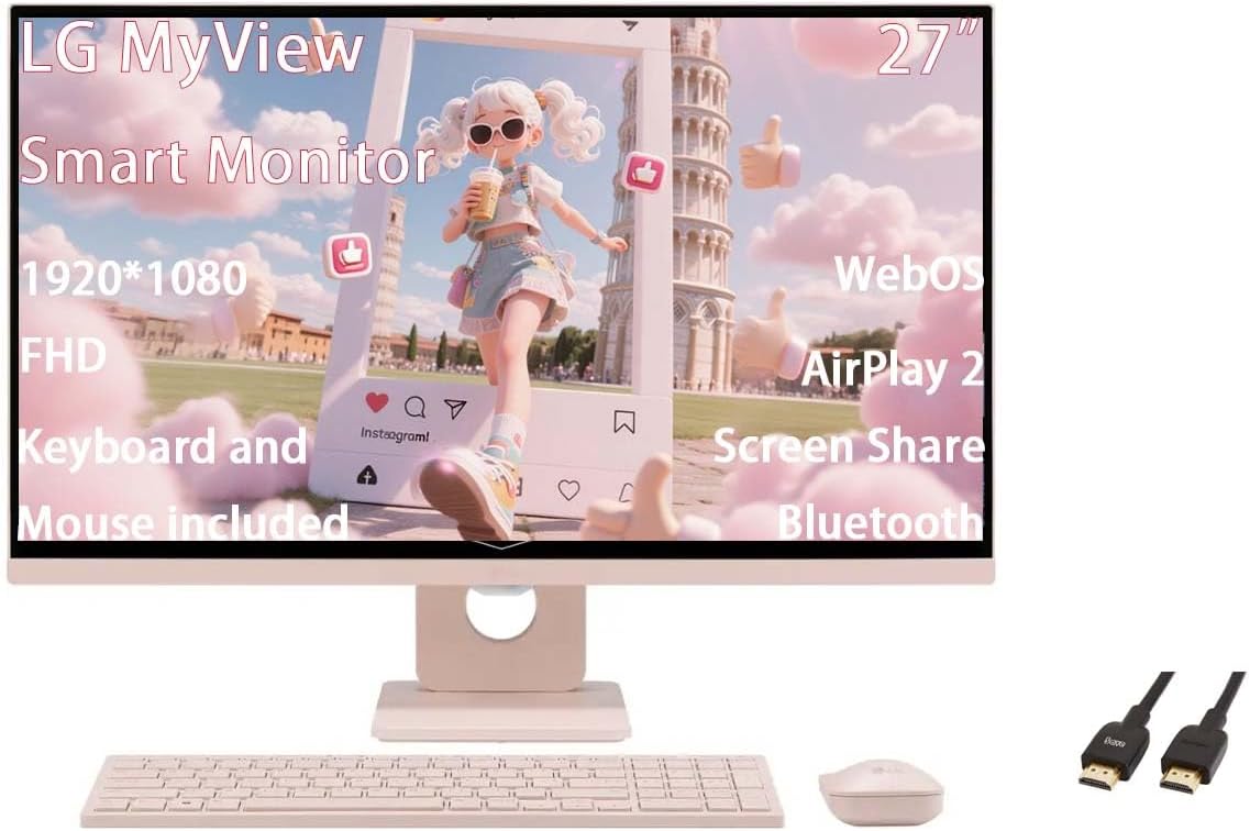LG MyView Smart Monitor 27 inch, with Wireless Keyboard and Mouse, 16:9 FHD IPS, AirPlay 2, Screen Share, Bluetooth, Built-in Speakers(x2), USB-A, WebOS, HDR 10, 60hz, 5ms, with 5ave HDMI