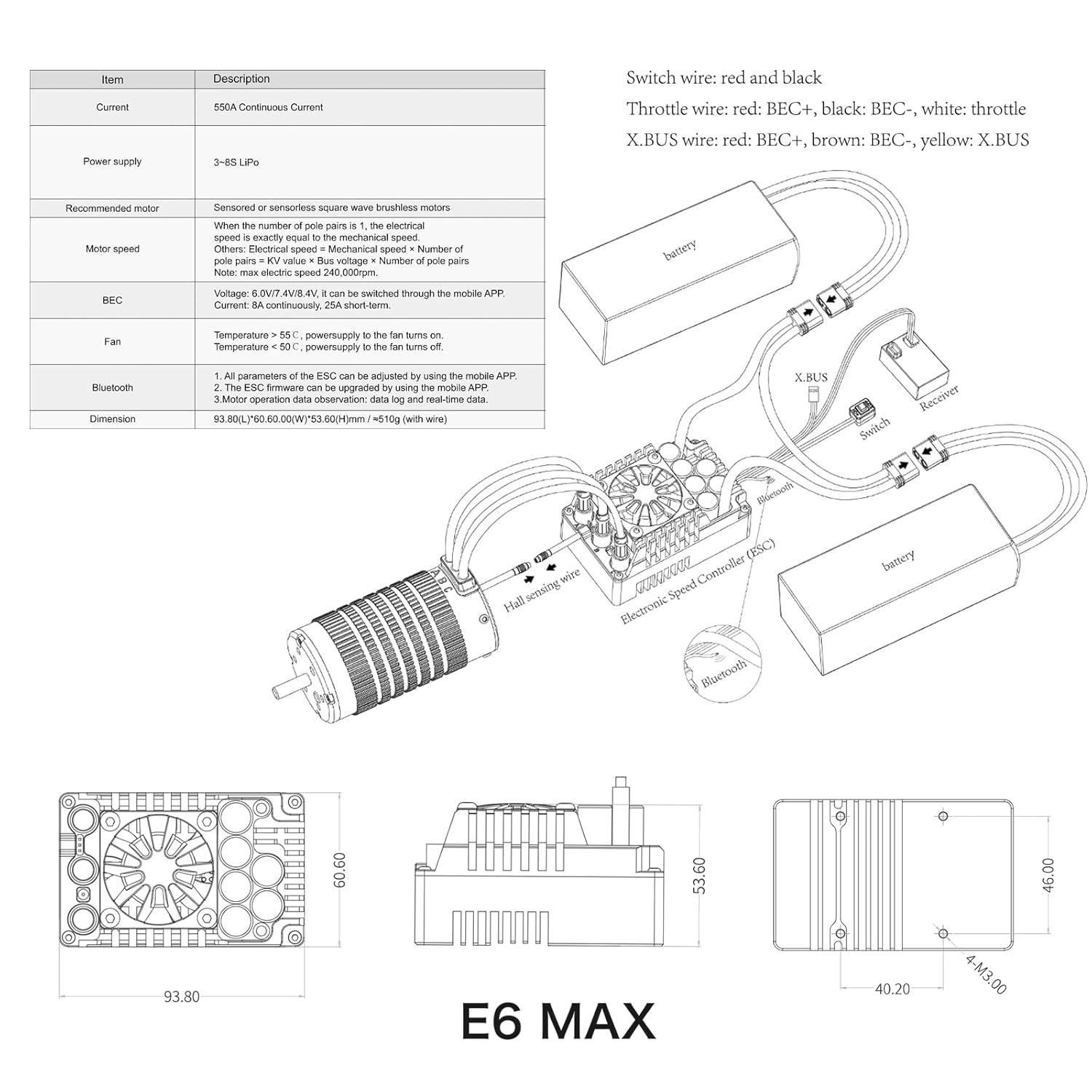 XC E6MAX APP Controls Sensored Brushless ESC for RC Car, 3-8S Lipo,550A Continuous Current,8-25A、6.0/7.4/8.4V BEC,Suitable for 1/6、1/7 Scale On-Road Speed Car Truck Monster