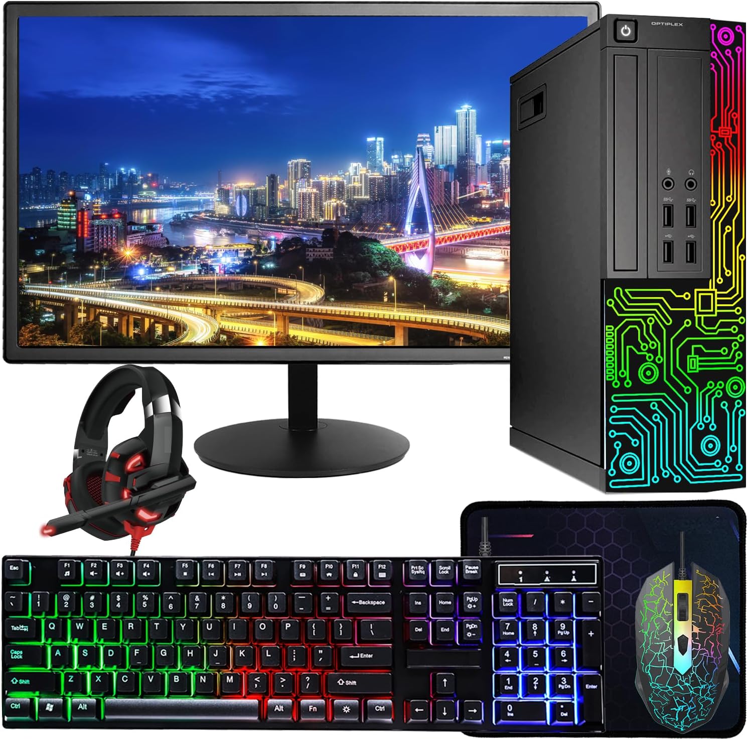 Dell OptiPlex Desktop RGB Computer PC, Intel Core i5 up to 3.6GHz, 16GB RAM, 512GB SSD, 22 Inch HDMI Monitor, RGB Keyboard Mouse, Gaming Headset, WiFi, Bluetooth, Windows 11 Pro (Renewed)
