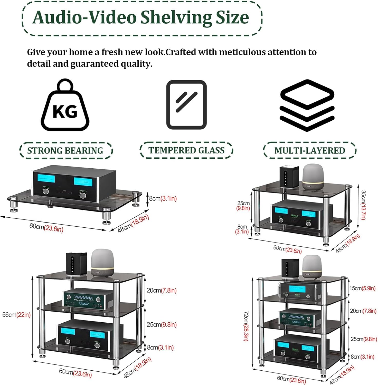 Ldhpaxl 1/2/3/4-Tier Media Stand Audio-Video Shelving Cabinet with Glass Shelf
